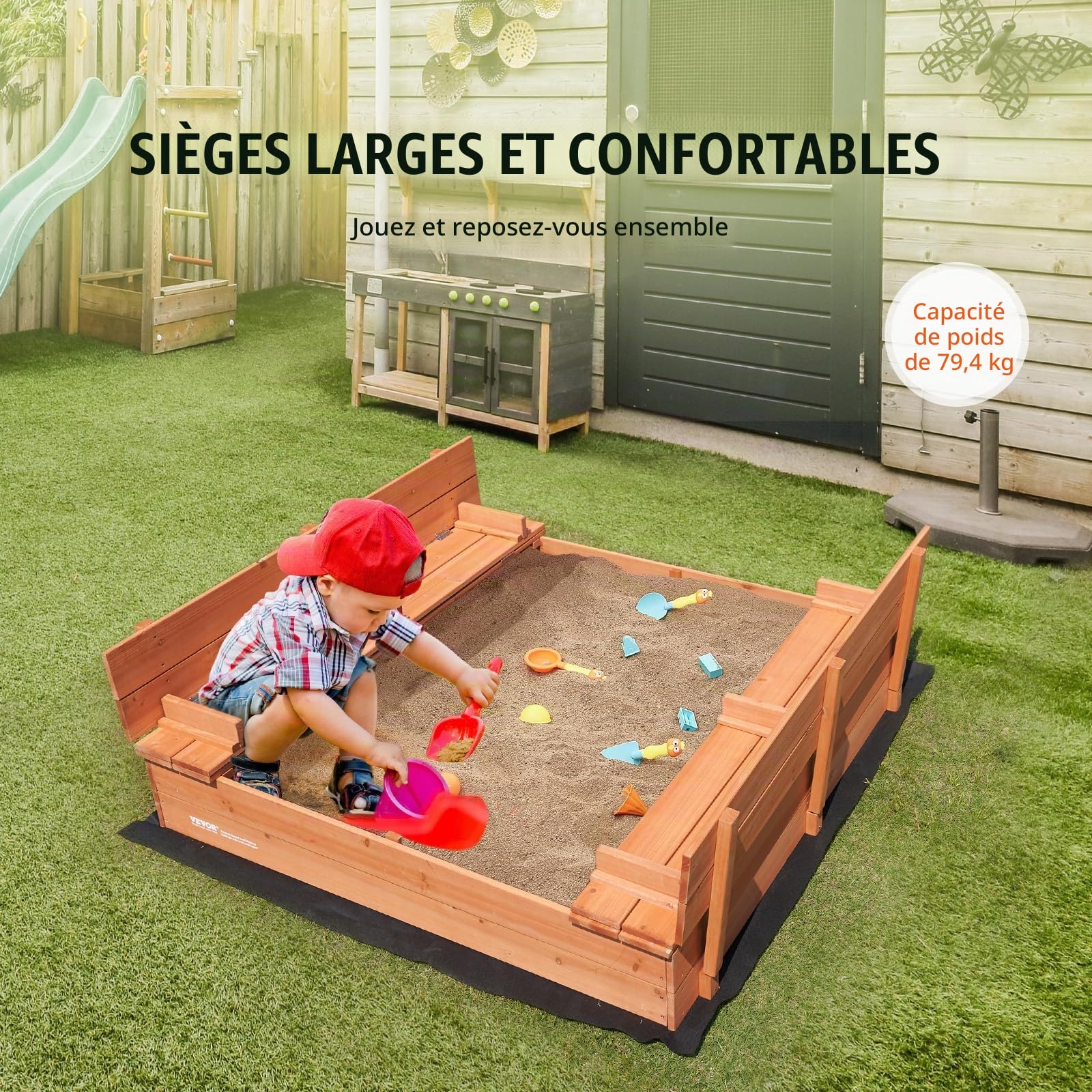 VEVOR Bac à Sable en Bois Naturel, 1330 x 1200 x 430 mm, bac à Sable avec banquettes Pliables et Doublure inférieure, pour Jardin extérieur, Plage, Parc, Cadeau pour garçons et Filles de 3 à 12 Ans