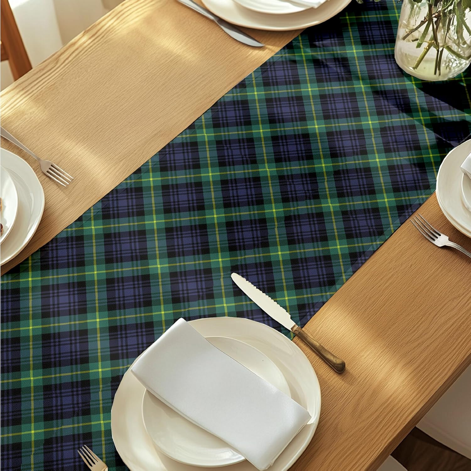 Fabric Textile Products | Blue & Green Tartan Tablerunner | Plaid Table Decor | 12" x 72" | Machine Washable and Stain-Resistant for Easy Care | Made in The USA