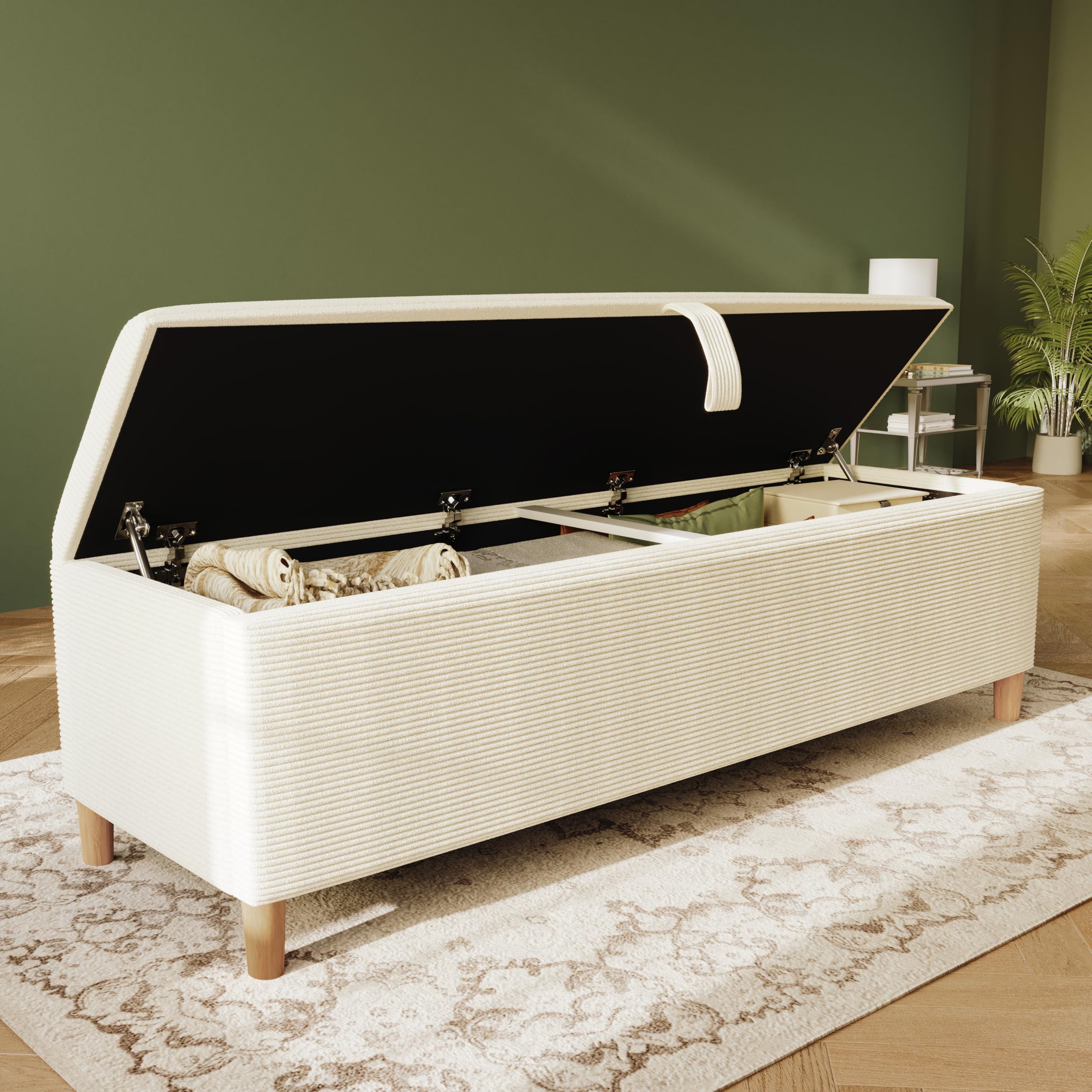 TIZZ Panca da letto 165 x 38 cm con spazio di archiviazione, panca imbottita con vano portaoggetti idraulico, adatta per camera da letto, soggiorno, corridoio, effetto cord beige