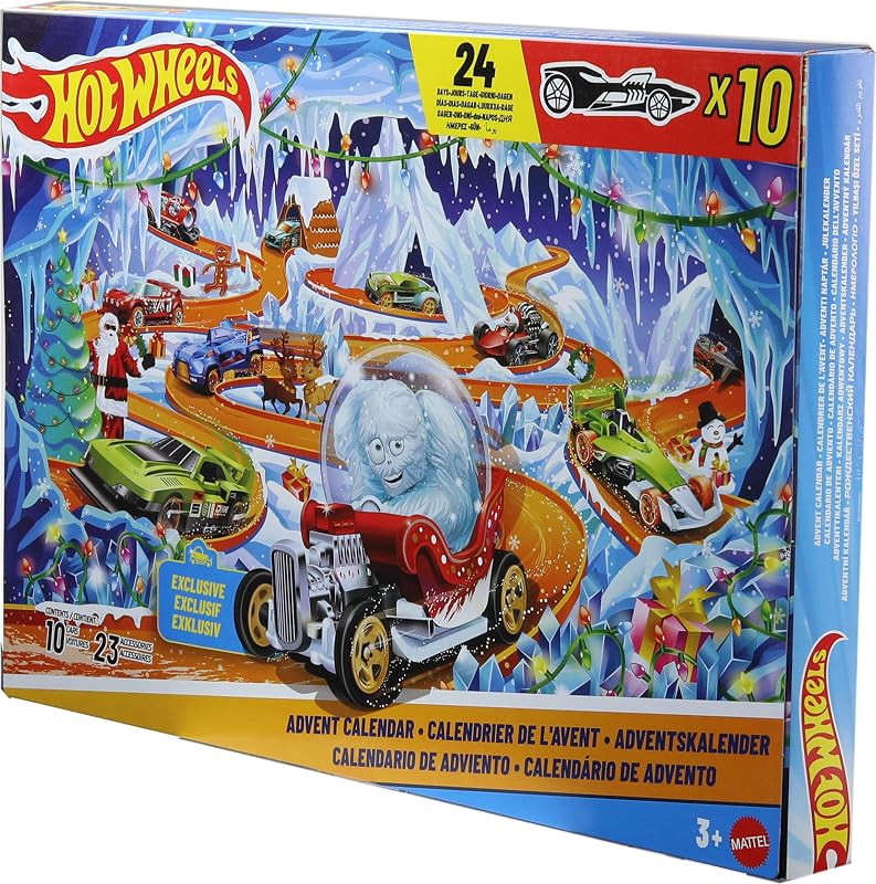 Toy Cars & Playset, 2026 Advent Calendar with 10 Vehicles in 1:64 Scale, 14 Winter-Themed Accessories & 10 Ornament Clips