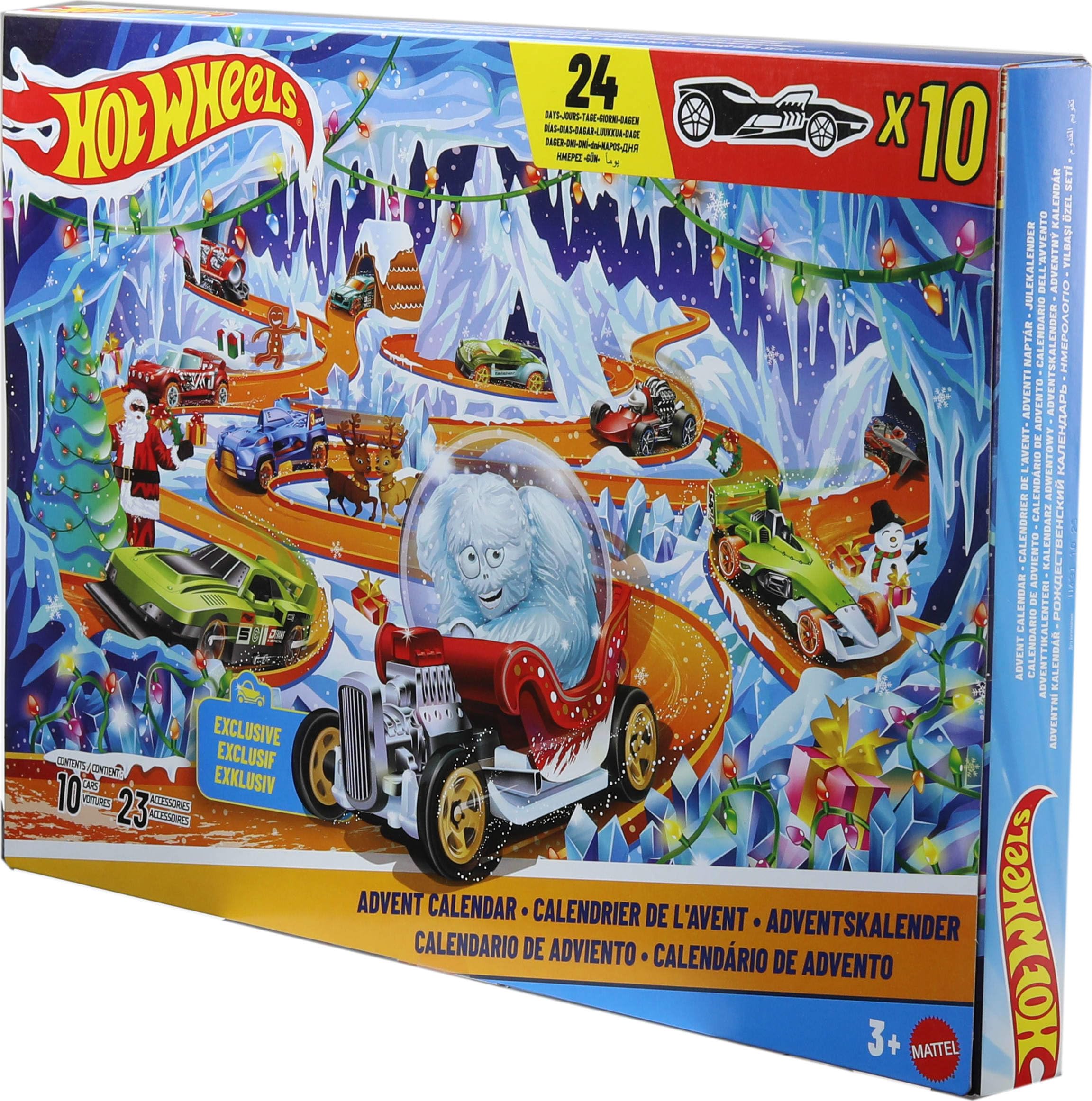 Toy Cars & Playset, 2026 Advent Calendar with 10 Vehicles in 1:64 Scale, 14 Winter-Themed Accessories & 10 Ornament Clips