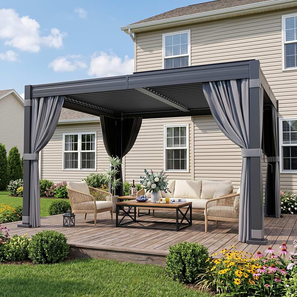 10'x12' Louvered Pergola with Curtains & Netting