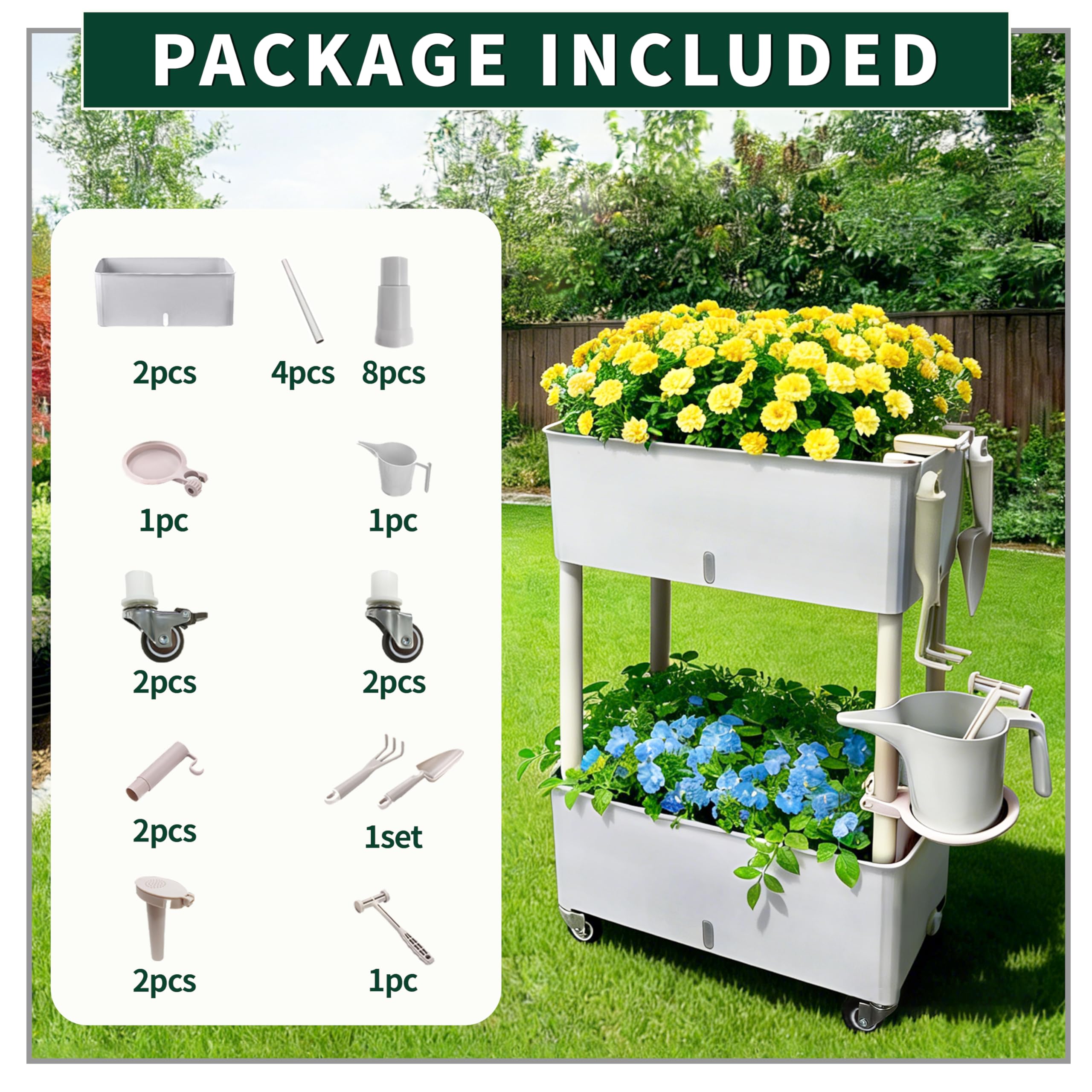 Zweistöckiges Hochbeet mit Rollen & Autobewässerung - Mobiles Kunststoff Hochbeet 46.6x25.5x70.5cm für Balkon & Terrasse - 40L Volumen, 2-Wochen Wassertank, Modulares Stapelsystem