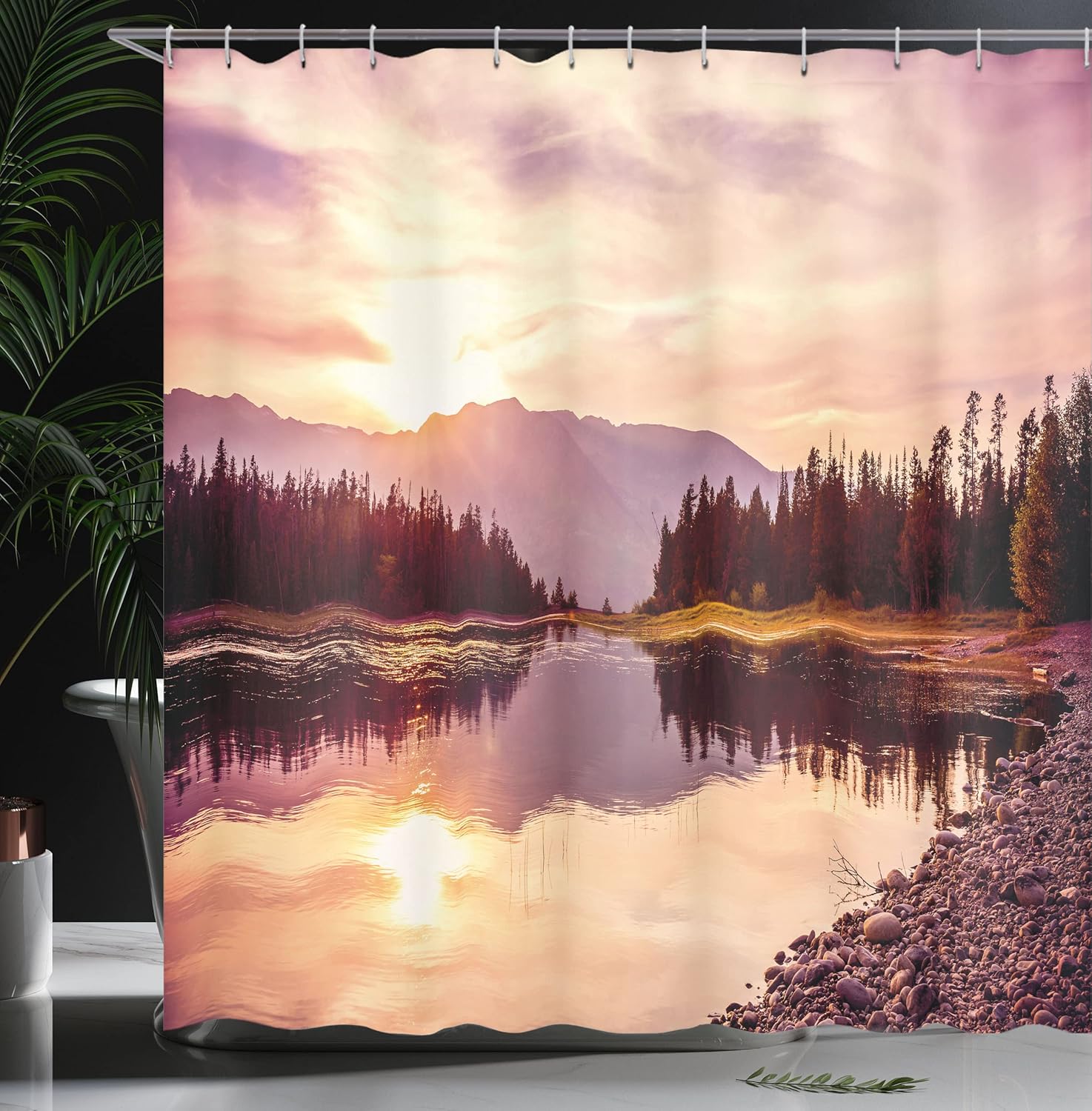 Ambesonne Landscape Shower Curtain, Grand Teton Mountain Range at Sunset Jackson Lake Calm National Park USA, Cloth Fabric Bathroom Decor Set with Hooks, 69" W x 70" L, Peach Pale Yellow