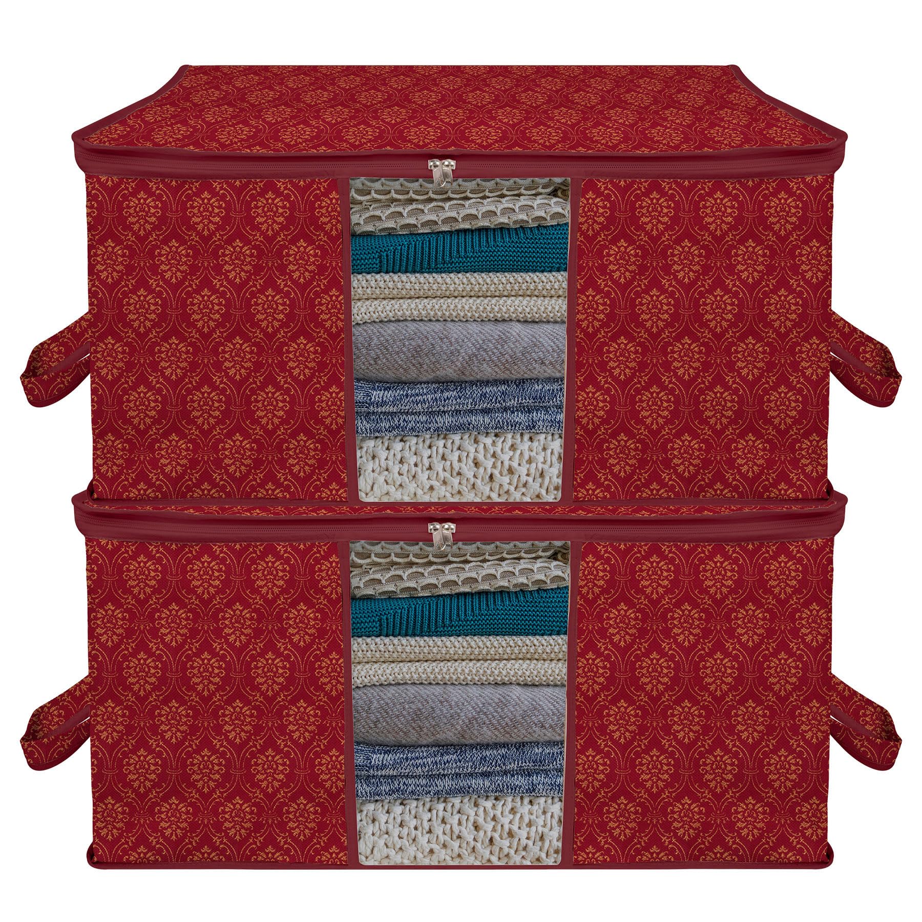 Kuber Industries Underbed Storage Bag | Clothes Storage Organizer | Cloth Organizer with Handle | Golden Printed-Design | Large | Pack of 2 | Maroon-image-46