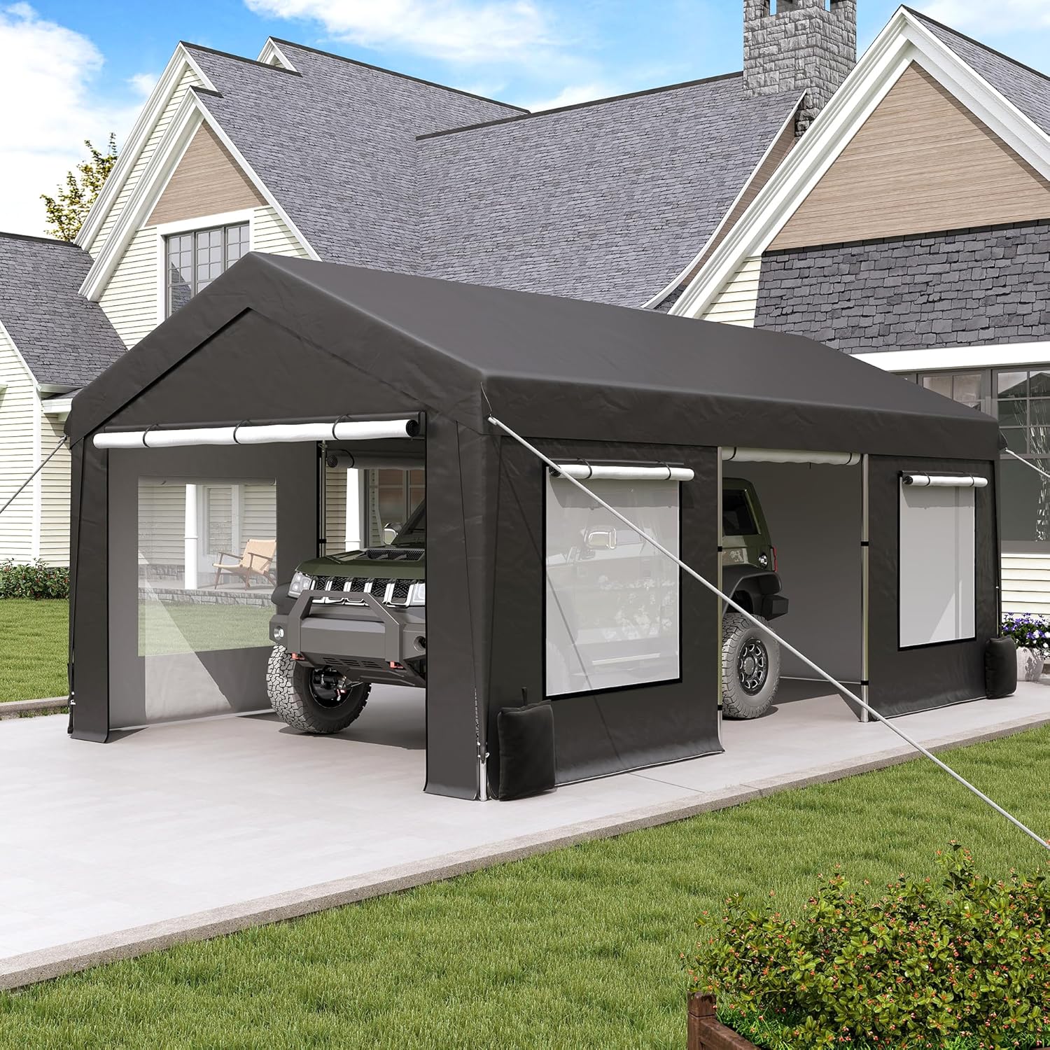 Upgraded 10 x 20Ft Heavy Duty Carport, Portable Garage Shelter with with Roll-up Sidewall and Ventilated Windows,Sand Bags, for Truck, Boat, Car Upgraded 10 x 20Ft Heavy Duty Carport, Portable Garage Shelter with with Roll-up Sidewall and Ventilated Windows,Sand Bags, for Truck, Boat, Car