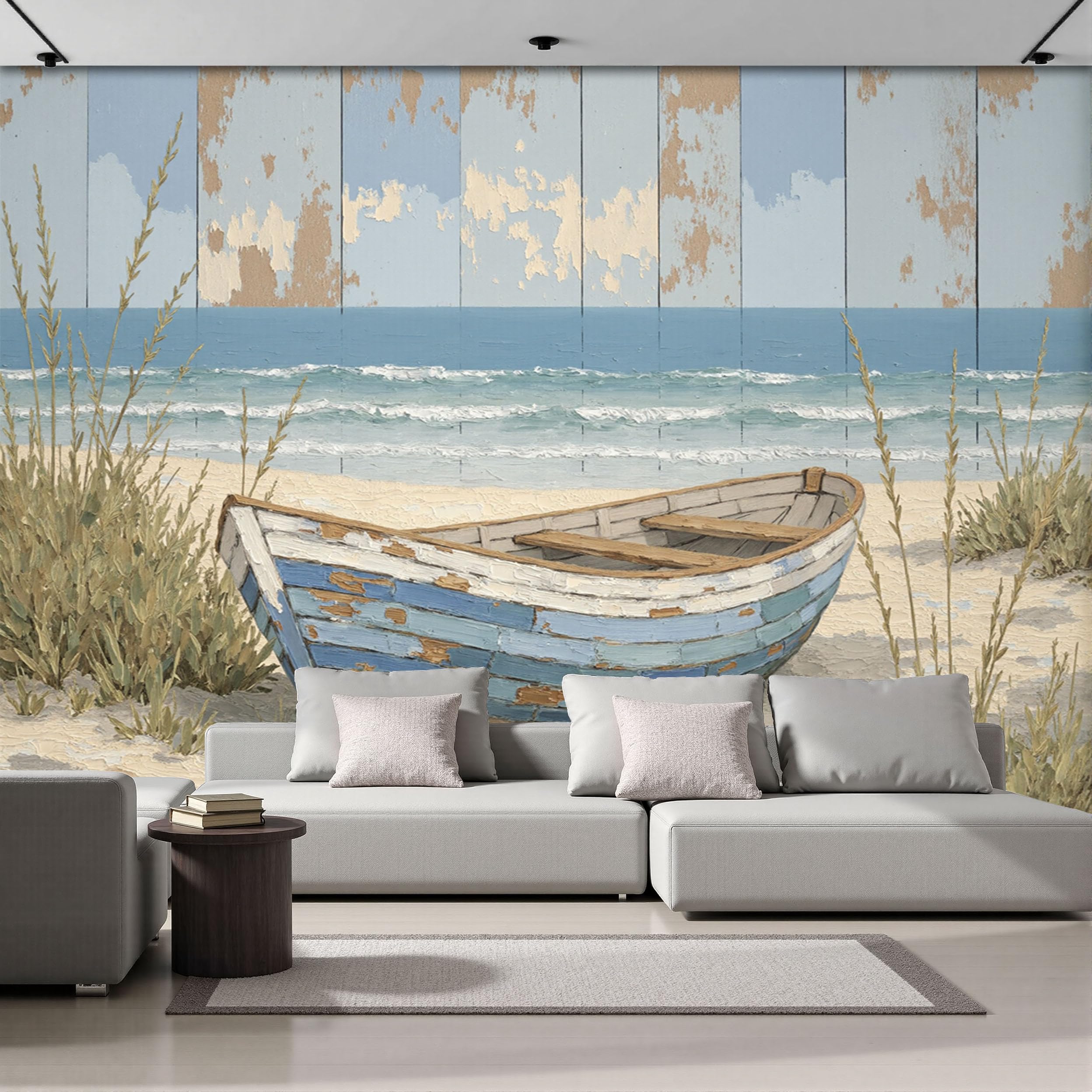 Papier peint panoramique rétro 200x140cm en soie fresque bateaux en bois