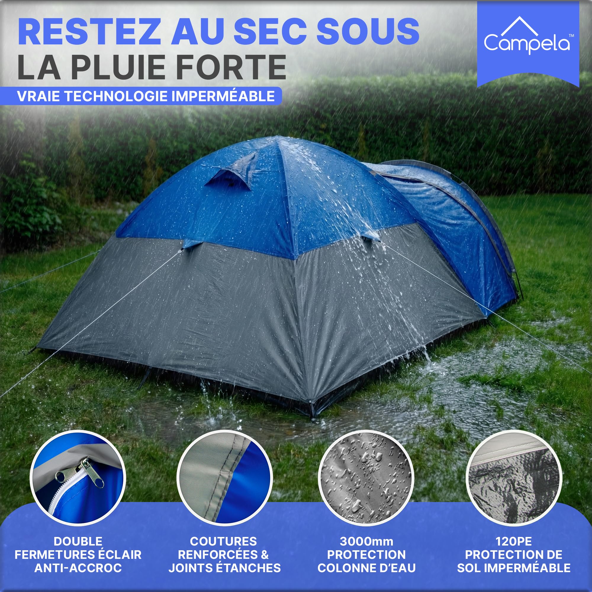 Tente igloo 3 personnes étanche à montage rapide - Tente igloo légère et compacte avec moustiquaire - Haute pour hiver, trekking, festival, vacances, camping