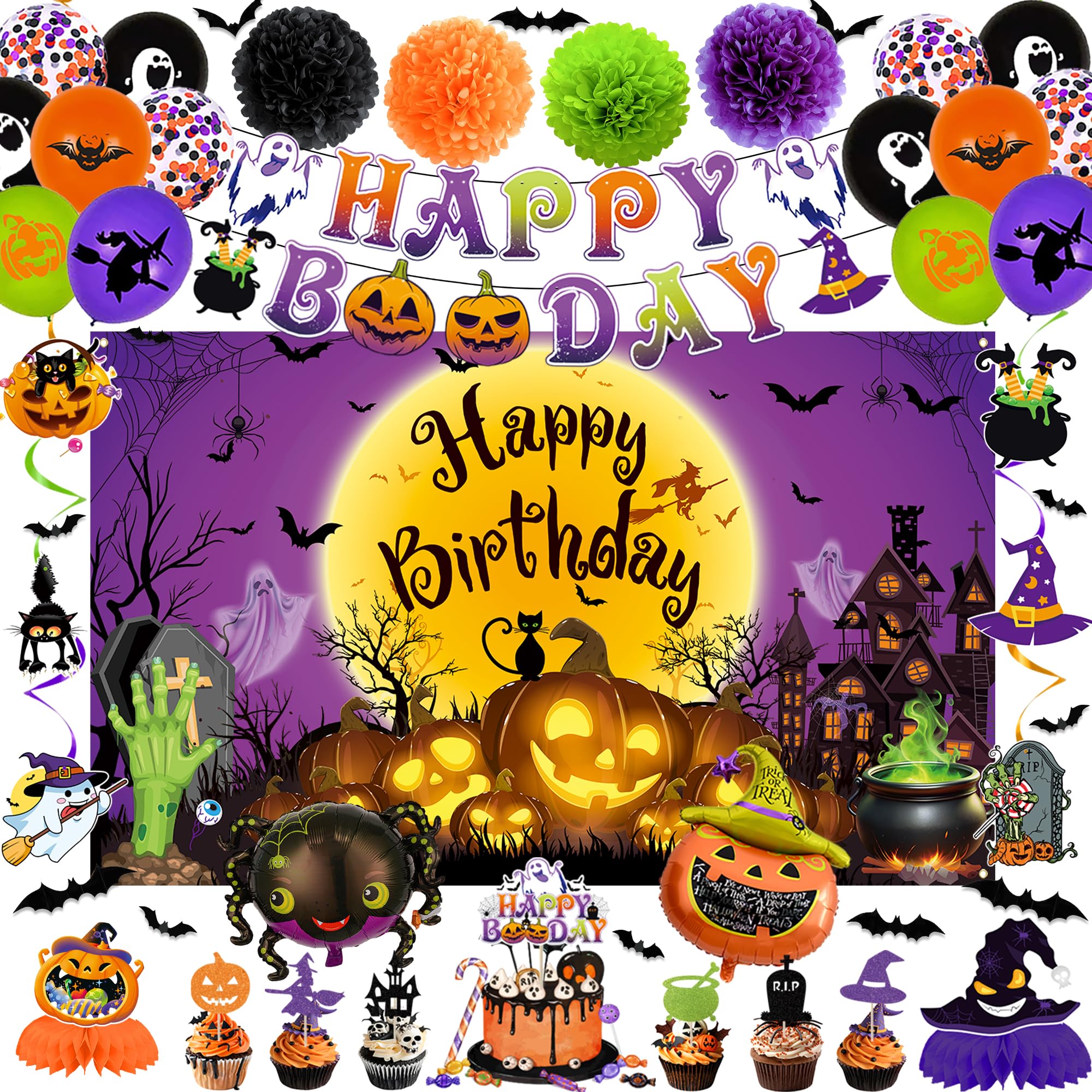 Trgowaul Halloween Birthday Decorations, 50pcs Happy Birthday Halloween Party Supplies, Banner, Hanging Swirls, Cake Toppers, Pumpkin Balloon, 3D Bats