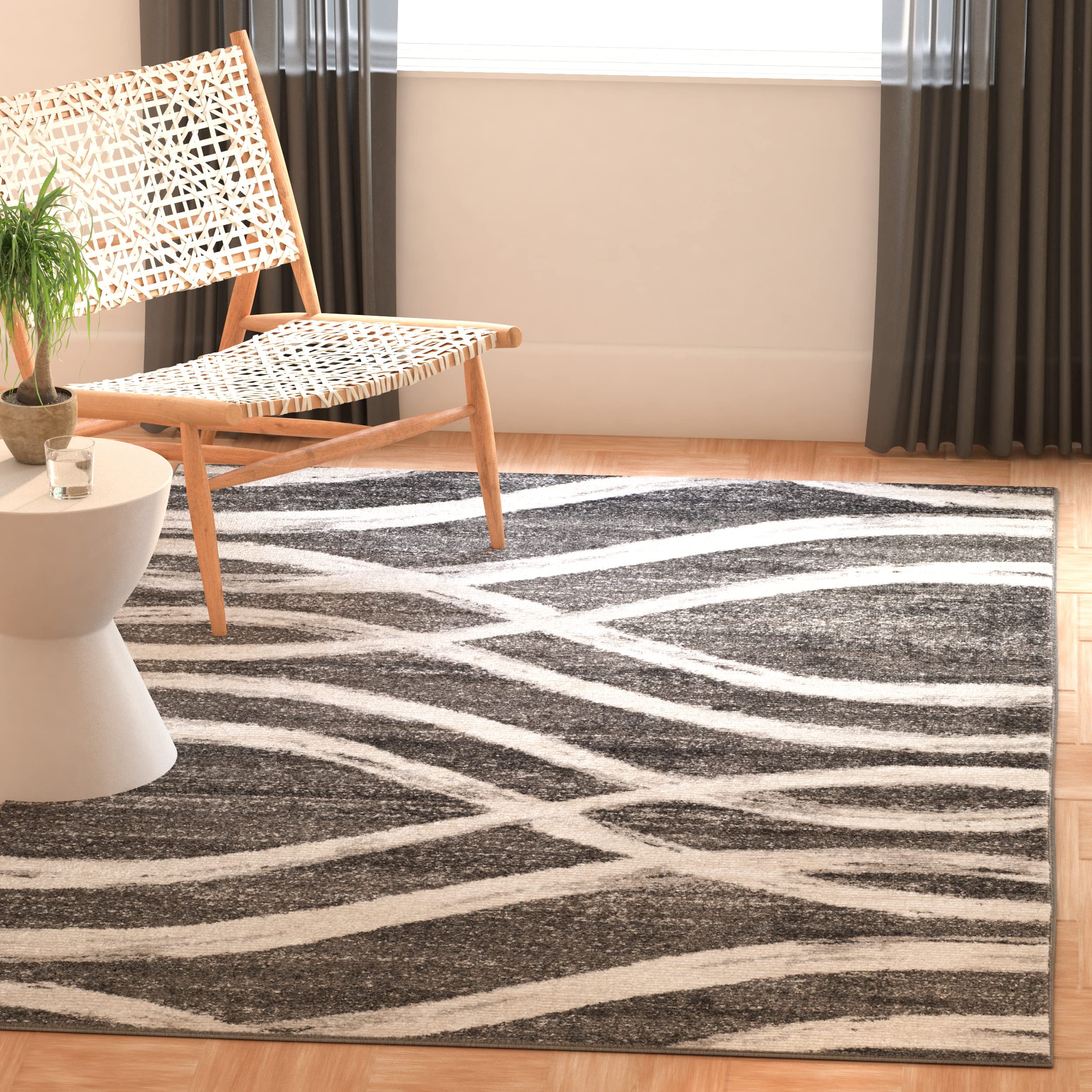 SAFAVIEH Adirondack Collection Area Rug - 3' Square, Charcoal & Ivory, Modern Wave Design, Non-Shedding & Easy to Clean, Ideal for Living Room,