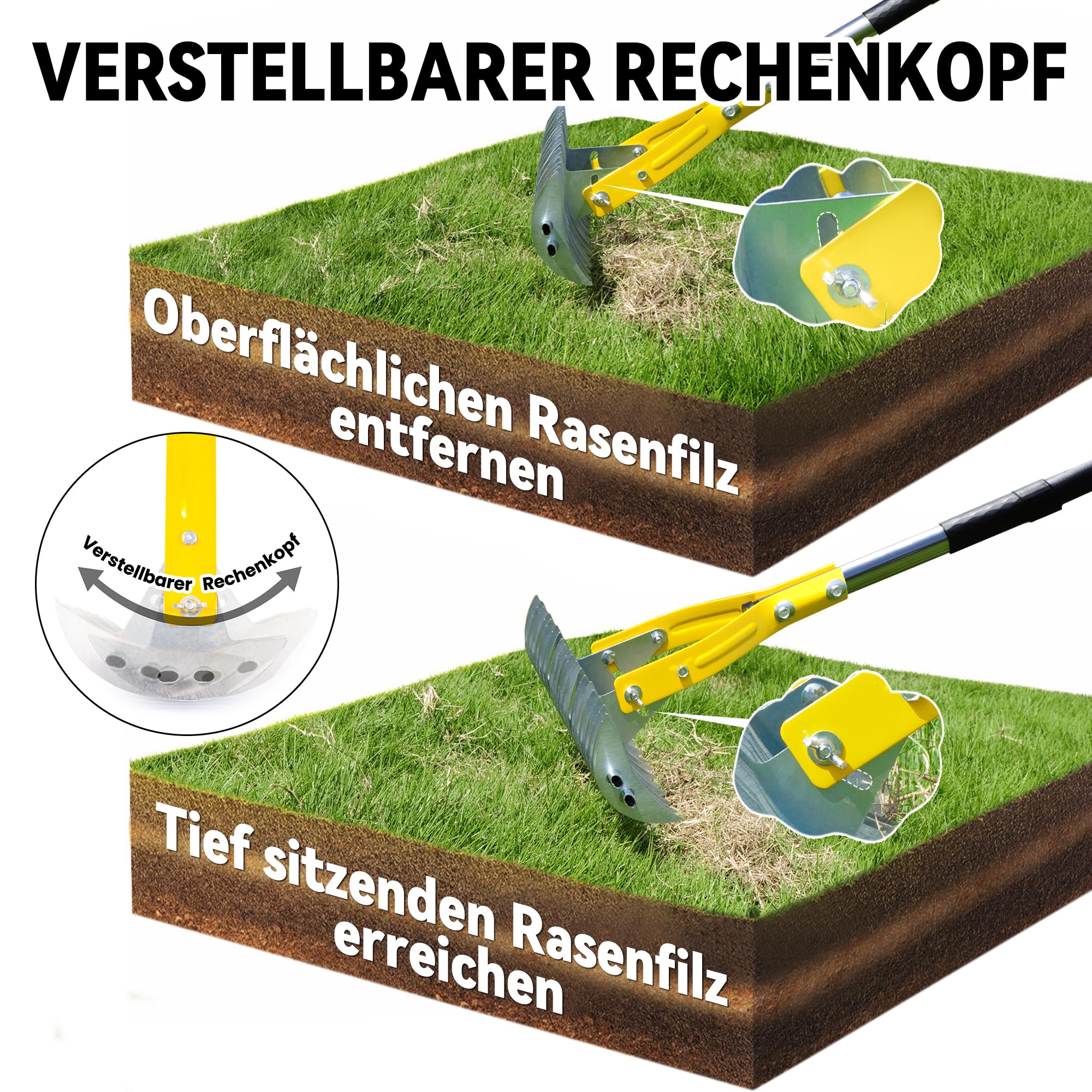 Gartenrechen Vertikutier-Rechen für den Rasen, 38 cm Verstellbarer Rechenkopf, Dethatcher zum Entfernen von Rasenfilz, Moos & abgestorbenem Gras mit 1,9M Griff, Stahl-Rechen für Hof