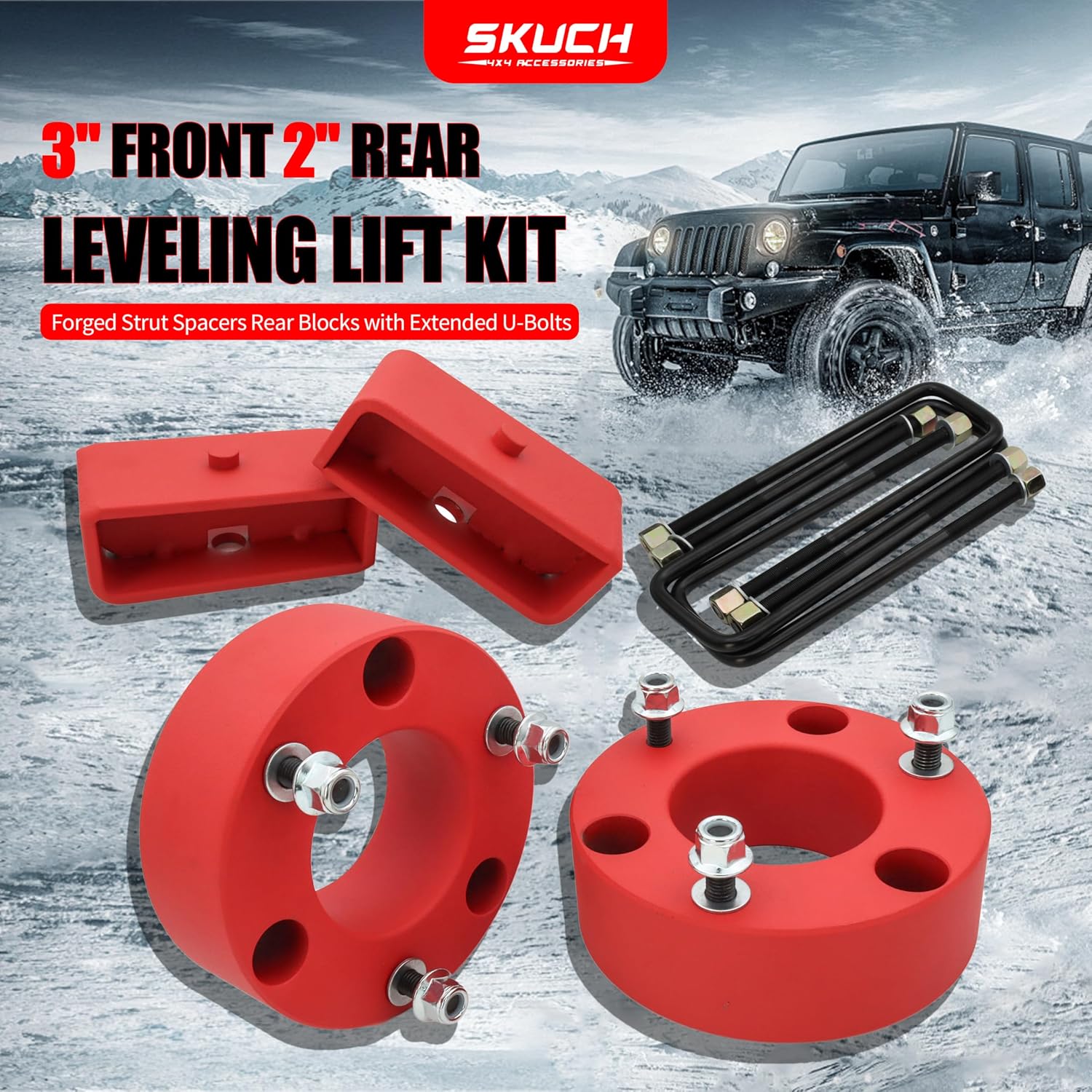 3" Front 2" Rear Leveling Lift Kit for 2007-2024 Chevy Silverado 1500 & GMC Sierra 1500 2WD/4WD - Grade A Coating Strut Spacer Suspension Leveling Kit for Silverado/Sierra 1500, Wrinkle Red
