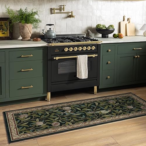 RUGGABLE x Morris & Co Machine Washable Runner Rug – Pomegranate Blue Green 2.5x10, Stain-Resistant, Non-Slip – Washable Rug for Hallway, Entryway, Living Room & Kitchen–with Standard Pad