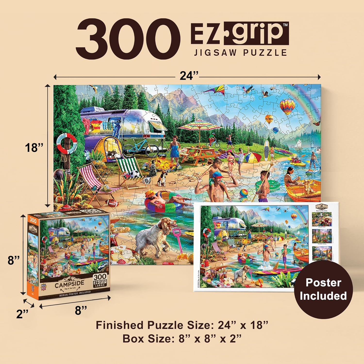 MasterPieces - 300 Piece Jigsaw Puzzle, Large EZ Grip Shapes, Camp Day at The Lake, Fun for Adults, Seniors, Family, Kids, Non-Glare Finish, 18"x24"