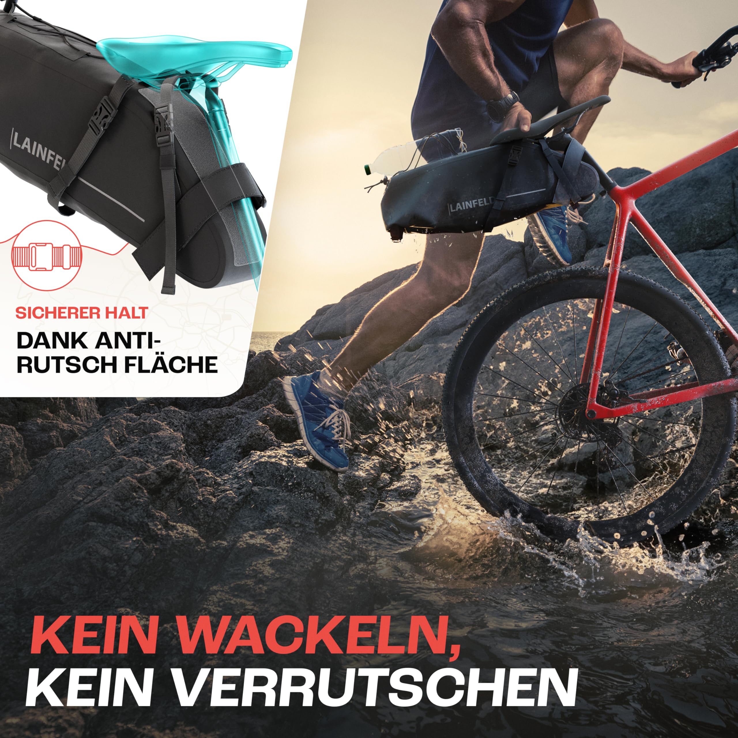 LAINFELD Fahrrad-Satteltasche [10 Liter] – 100% Wasserdicht, Reflektierend – Bikepacking-Zubehör für E-Bike, MTB, Gravel & Rennrad