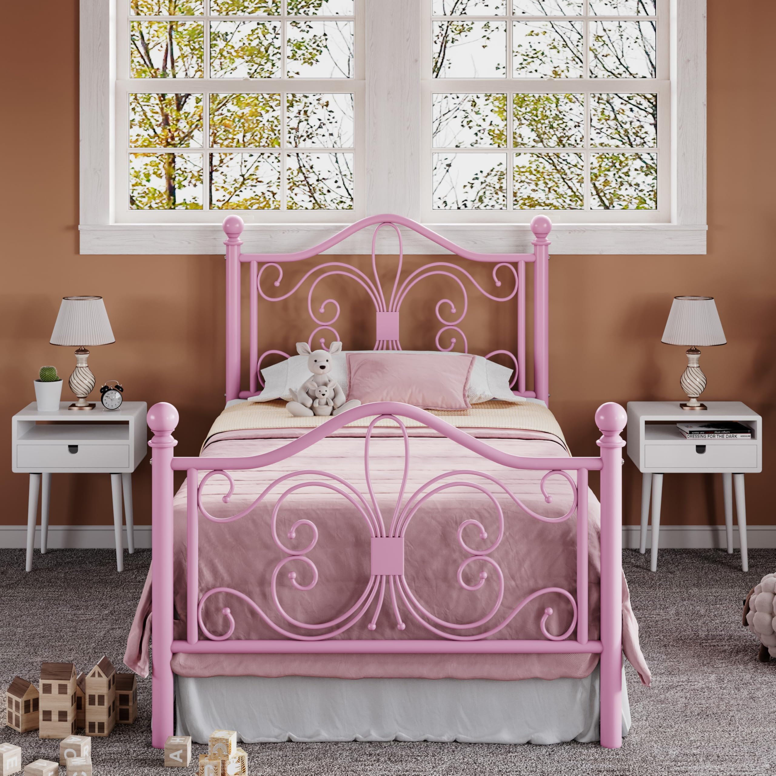 Allewie Twin Size Bed Frame with Headboard,Metal Bed Frame with Butterfly Pattern Design Headboard & Footboard,No Box Spring Needed,Easy Assembly,Pink