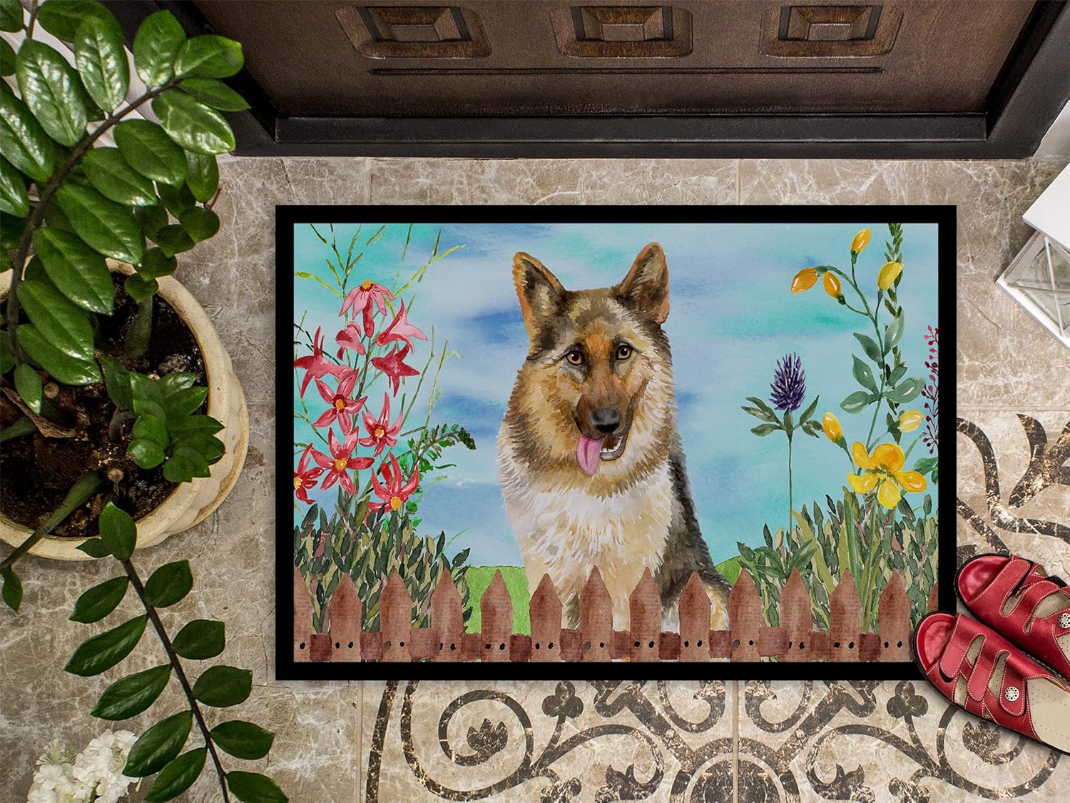 Caroline's Treasures CK1216JMAT German Shepherd Spring Doormat 24x36 Front Door Mat Indoor Outdoor Rugs for Entryway, Non Slip Washable Low Pile, 24H X 36W
