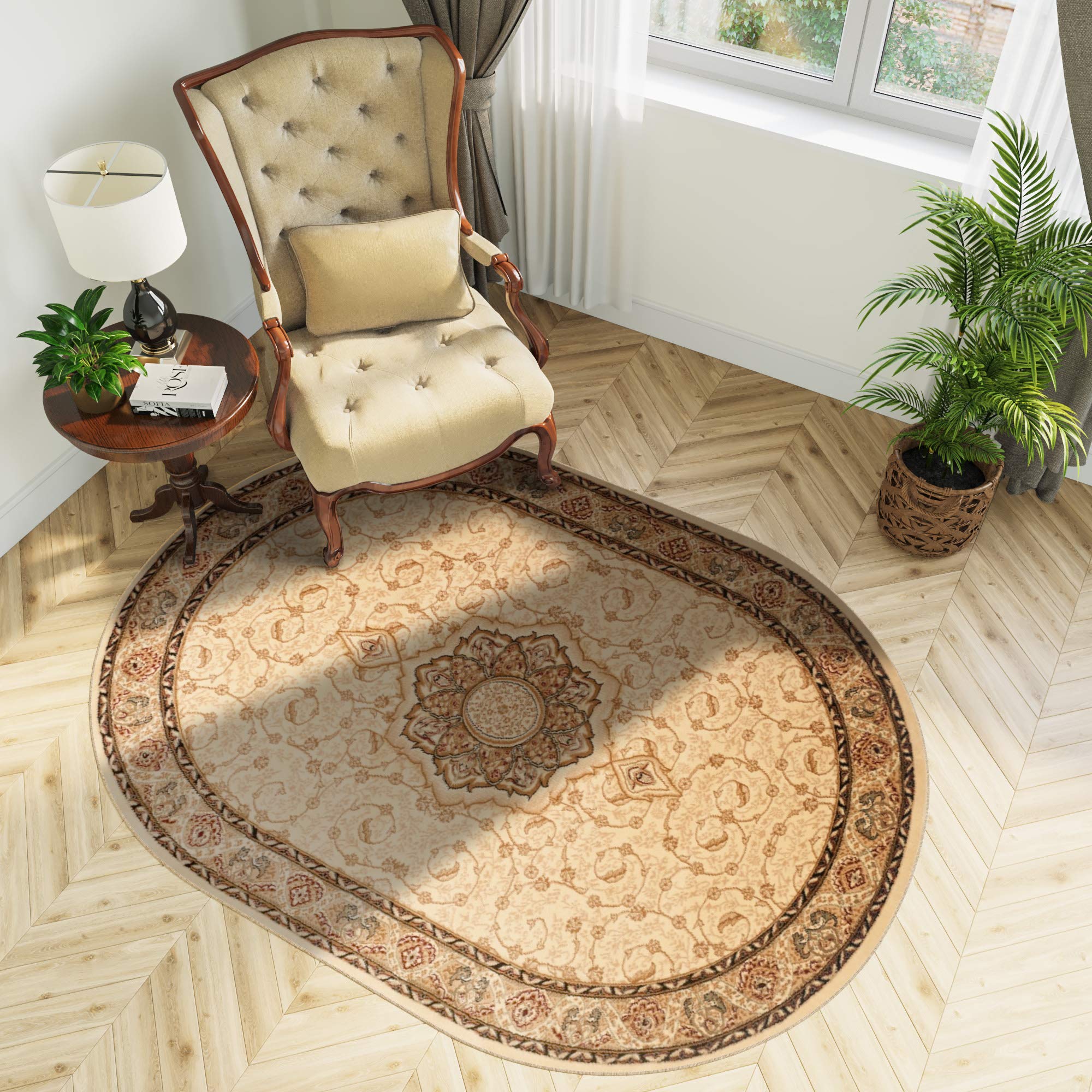Tapiso Yesemek dywan owalny do salonu, krótkie runo, klasyczny wzór kwiatowy, orientalny, kremowy, bordiura do sypialni, Ökotex 200 x 300 cm