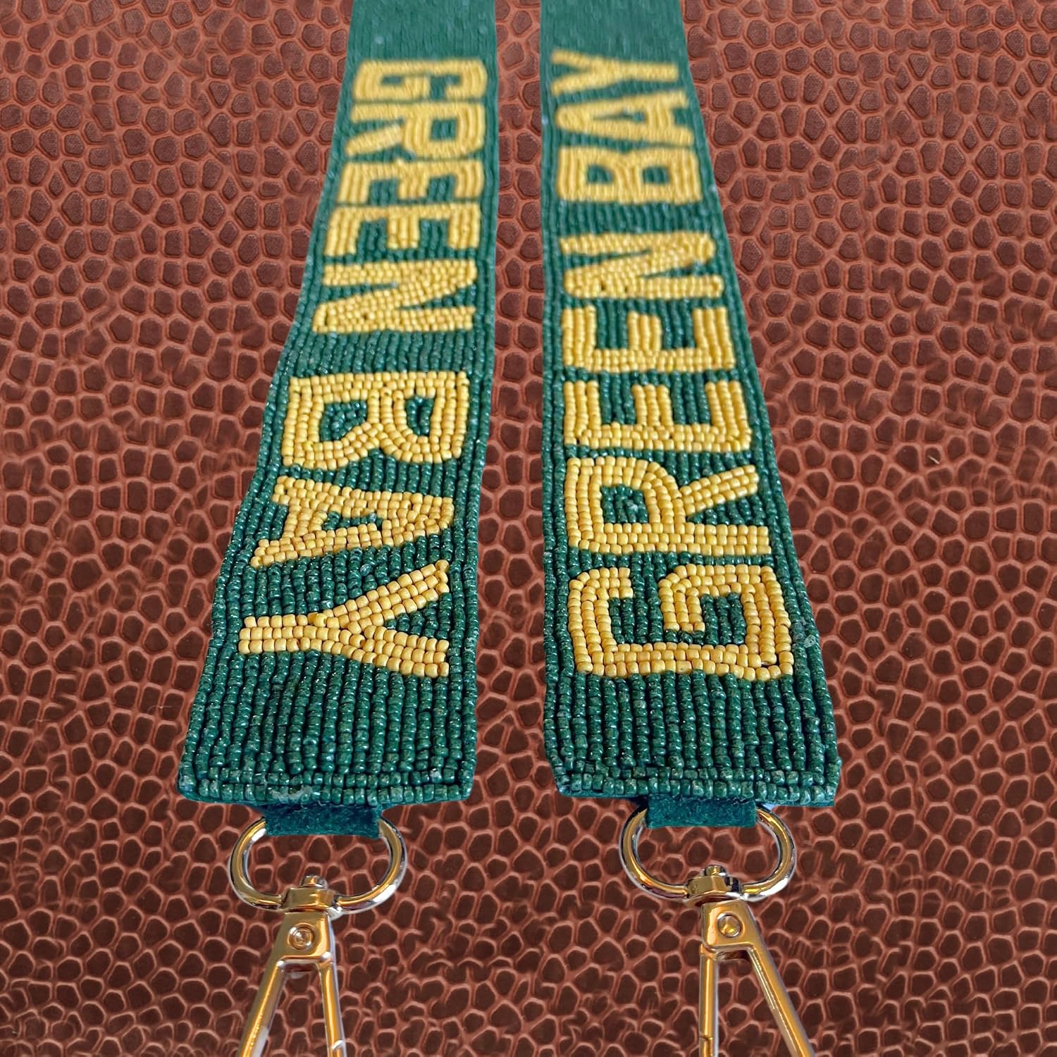 Lashicorn Green Bay Beaded Purse Strap Yellow Letters 49” Pro Football Stadium Approved Clear Bag Gold Hardware Sports College Cheese Wisconsin