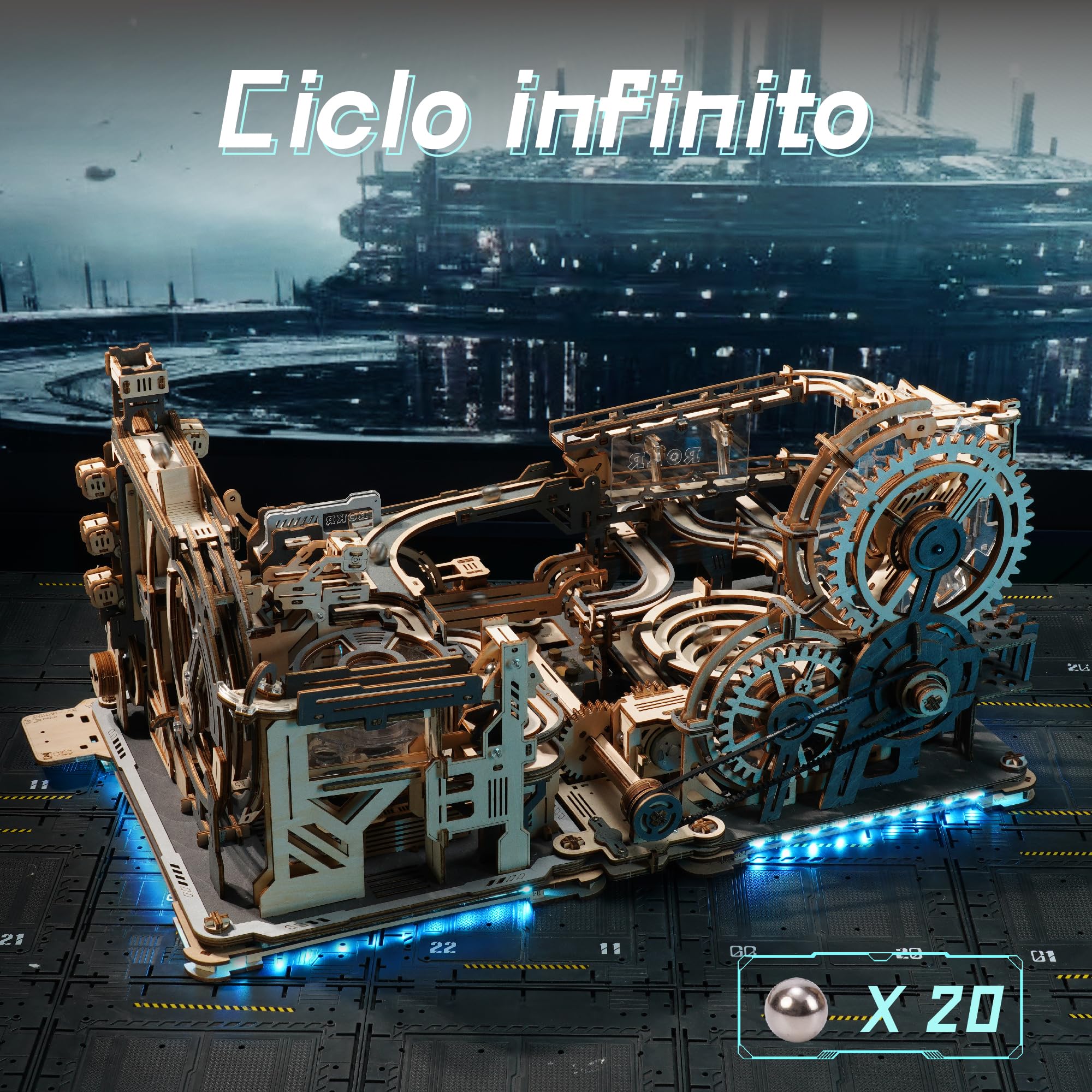 ROKR Puzzle 3D Legno Piste da Corsa Elettrico Rompicapo Modellismo da Costruire Adulti Idee Regalo Donna Uomo(Night City&Link Pack&Spaceport)