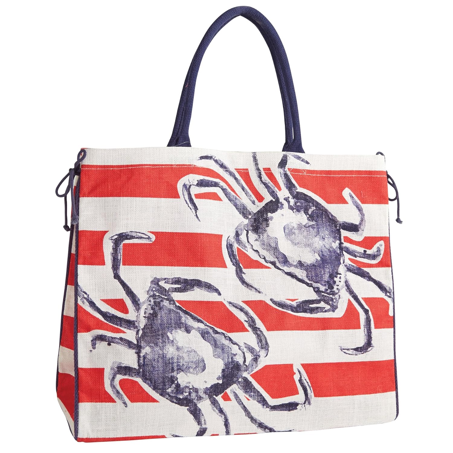 Mud Pie 8613282RD Martha's Vineyard Jute Tote Bag Red with Navy Crabs