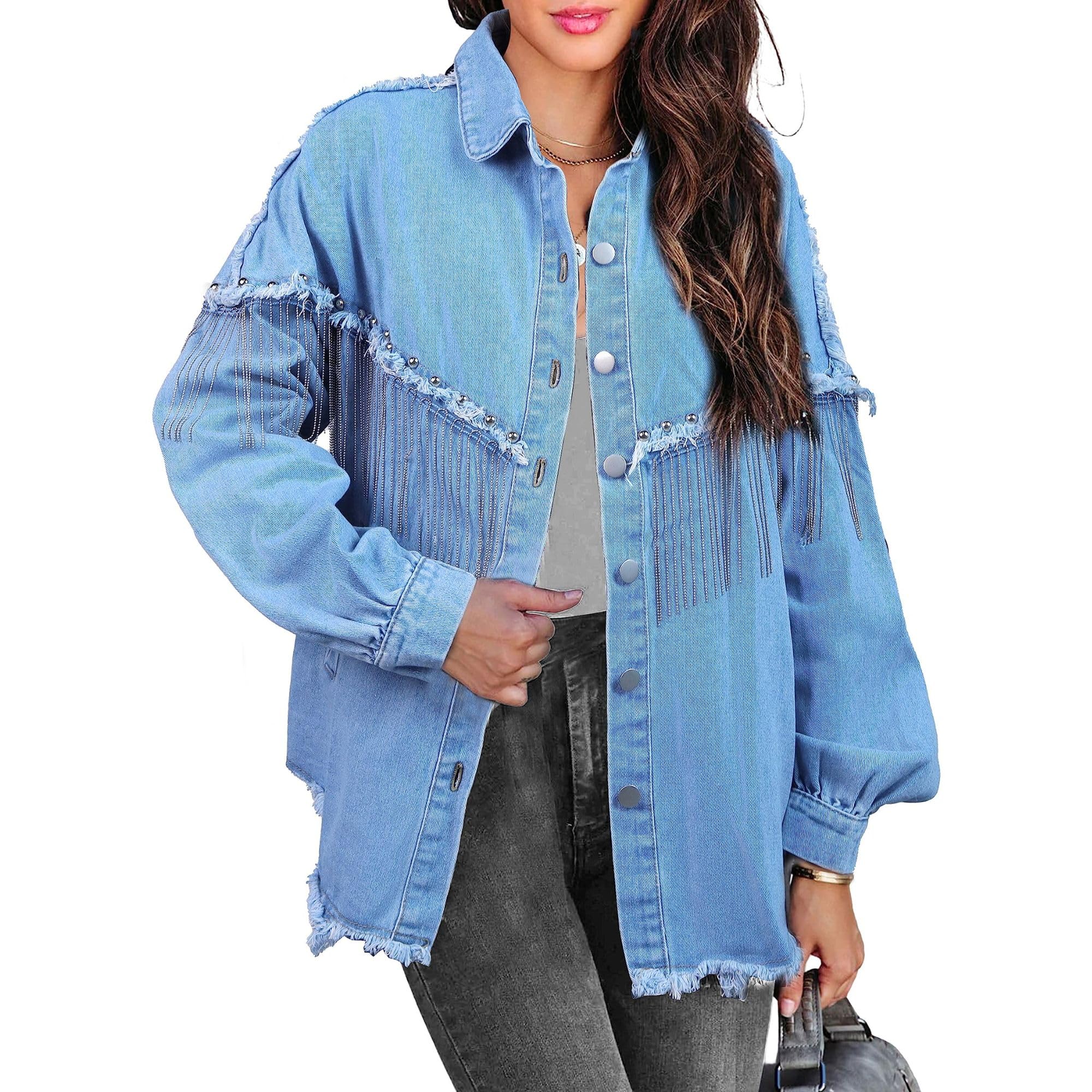 Photo 1 of Chevara Women’s Fringe Denim Jacket Loose Rivet Studded Frayed Tassel Rhinestone Jean Jacket Small Denim Blue