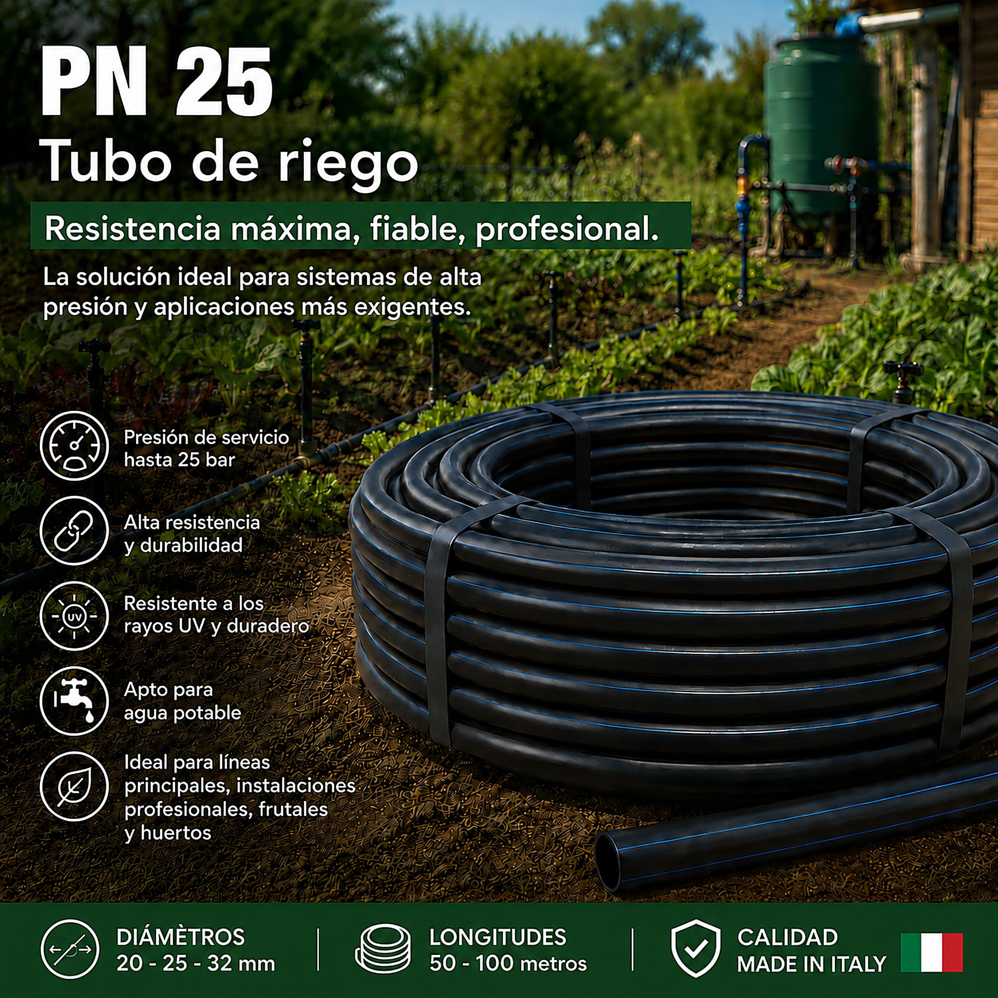 ESTO Manguera de riego 25 PN 50 o 100 metros Ø 20 25 32, manguera de agua de jardín, tubo de polietileno de alta densidad, riego de alta presión, huerto, manguera para riego (25 mm Ø, 100 metros)