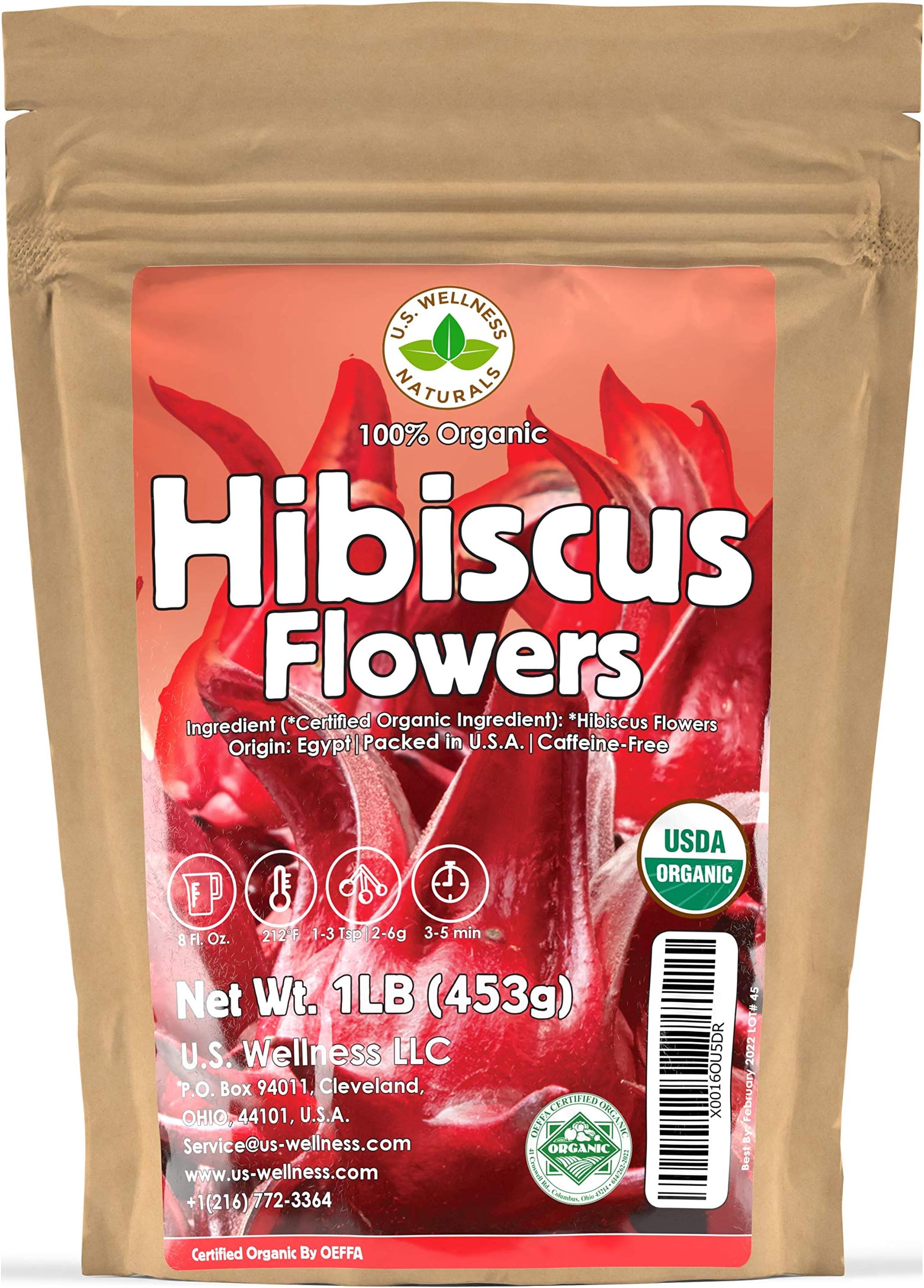 Hibiscus Tea 1LB (16Oz) 100% CERTIFIED Organic Hibiscus Flowers Herbal Tea (WHOLE PETALS), Caffeine Free in 1 lbs. Bulk Resealable BPA-free Bags from U.S. Wellness