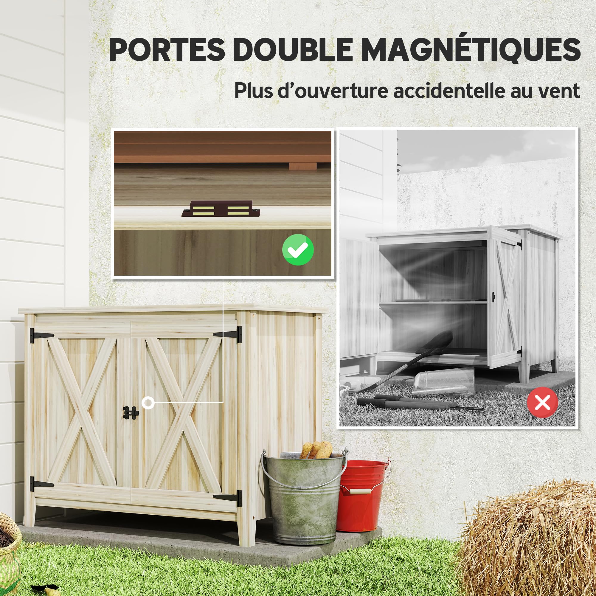 Outsunny Armoire de Jardin en Bois Étagères 110 x 60 x 88,5 cm Naturel | Double Portes, Placard de Jardin, Armoire à Outils