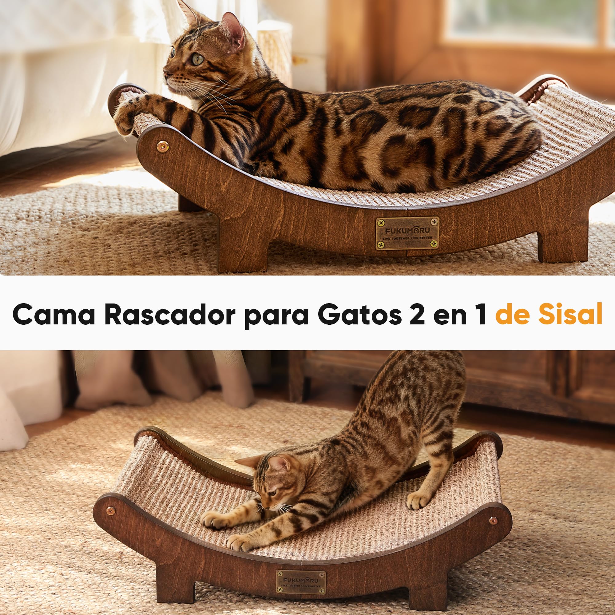 FUKUMARU Rascador de sisal en Madera, 60 cm Cama rascadora Robusta para Gatos domésticos, Hamaca de sisal 100% Natural, Base de Madera Maciza para Dormir y rascar uñas (Acabado Nogal)
