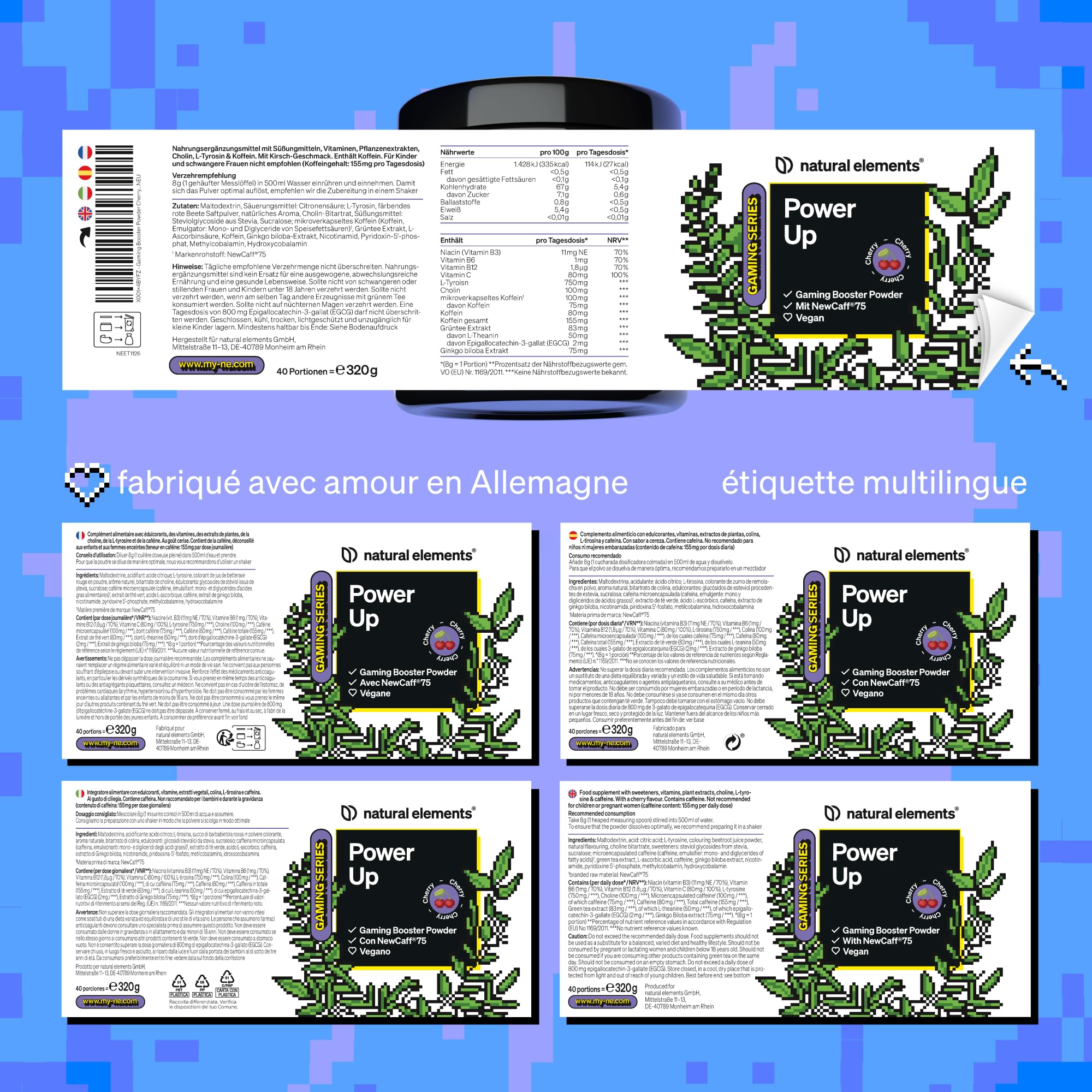 Power Up "Cherry" – Booster avec caféine, NewCaff75, vitamines B, vitamine C, L-tyrosine, extrait de ginkgo et de thé vert – 40 boissons – végane, hautement dosé, avec stevia – produit en Allemagne