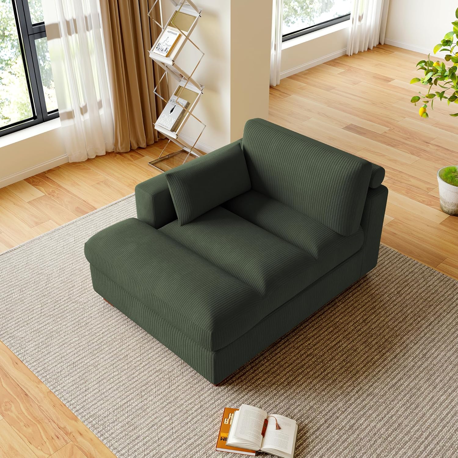 Chaise Lounge Indoor, Oversized Corduroy Sofa Chair with Right Armrest and Throw Pillows for Bedroom, Living Room - Green