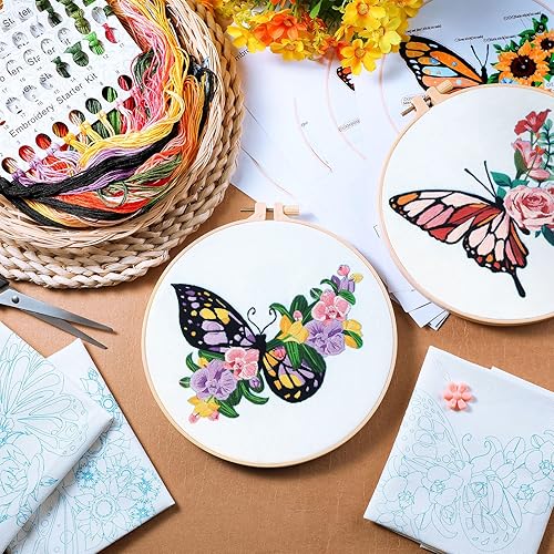 Miniatura 5 de Yinder 5 juegos de bordado para principiantes con patrones de flores de mariposa e instrucciones (idioma español no garantizado), kits de punto de