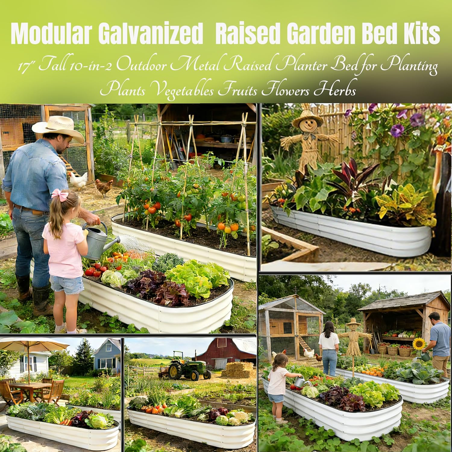 2 Pack 17" Tall 10-in-2 Hevay-Duty Modular Galvanized Raised Garden Bed Kits-8ftX2ft Raised Flower Beds,Metal Raised Beds for Planting Plants Vegetables Fruits Flowers Herbs-Ground Planter Box