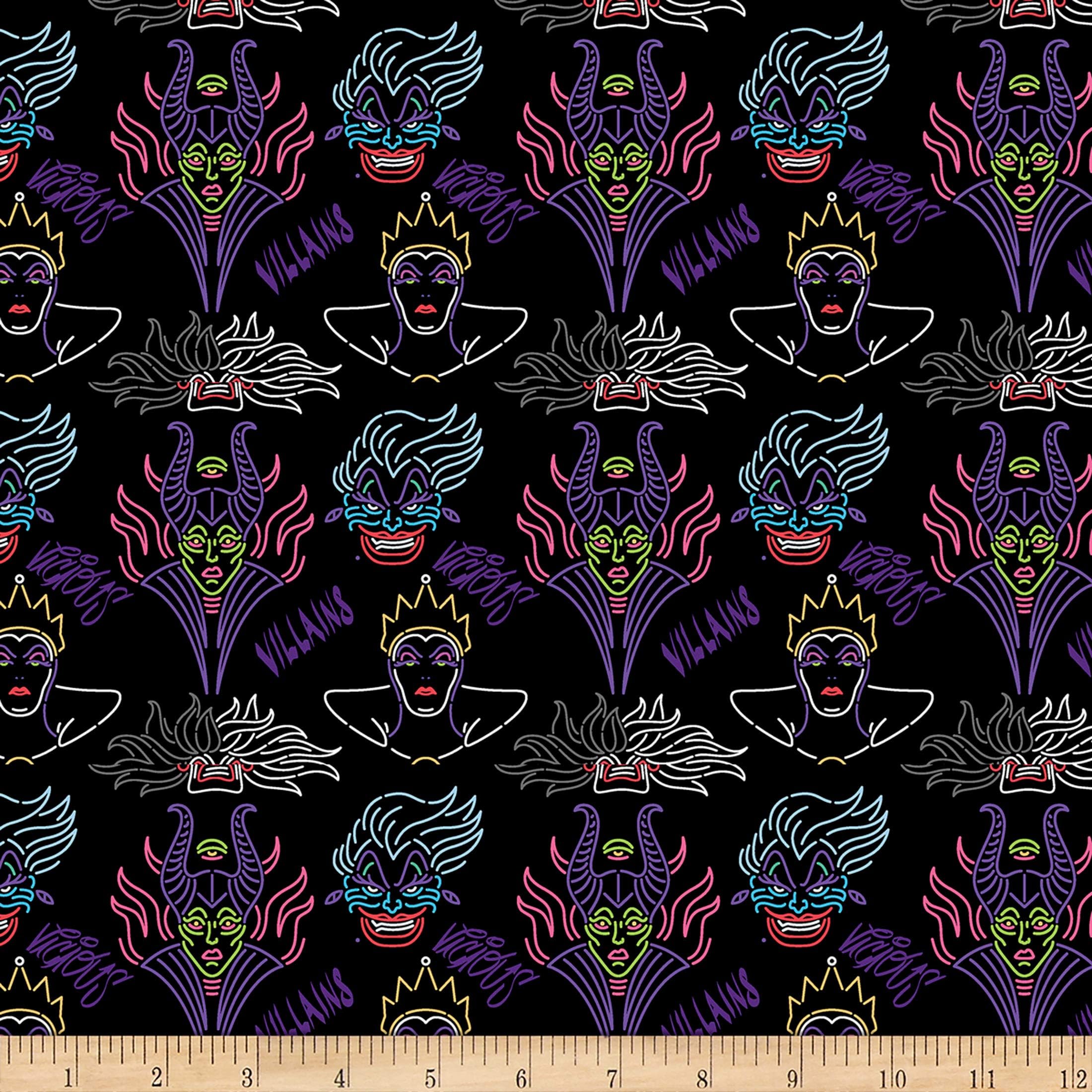 Disney Villains Villain Outline Black, Quilting Fabric by the Yard
