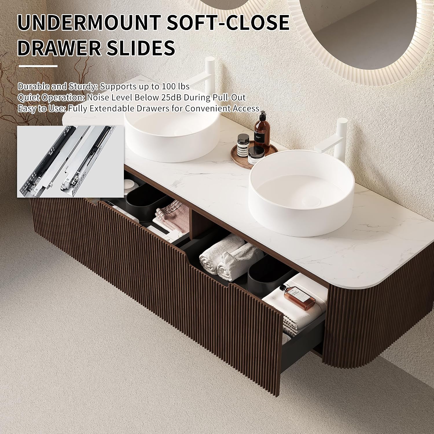 Floating Bathroom Vanity with Sink 60 Inch, Wall-Mounted Plywood Bathroom Vanity Cabinet with Drawer, Faux Marble Countertop & White Round Ceramic Basin, Pre-Assembled, Walnut Wood Grain