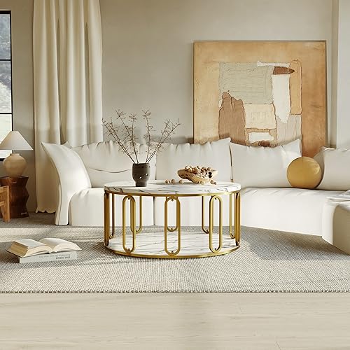 Miniatura 4 de Easyzon Mesa de centro redonda dorada, mesa de sala de estar de 2 niveles de madera con estante de almacenamiento abierto, marco de acero en forma