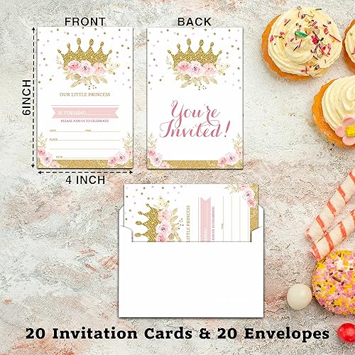 Miniatura 2 de Invitaciones de fiesta de cumpleaños de princesa, tarjetas de invitaciones de cumpleaños de princesita rosa y dorado para niños, relleno floral rosa