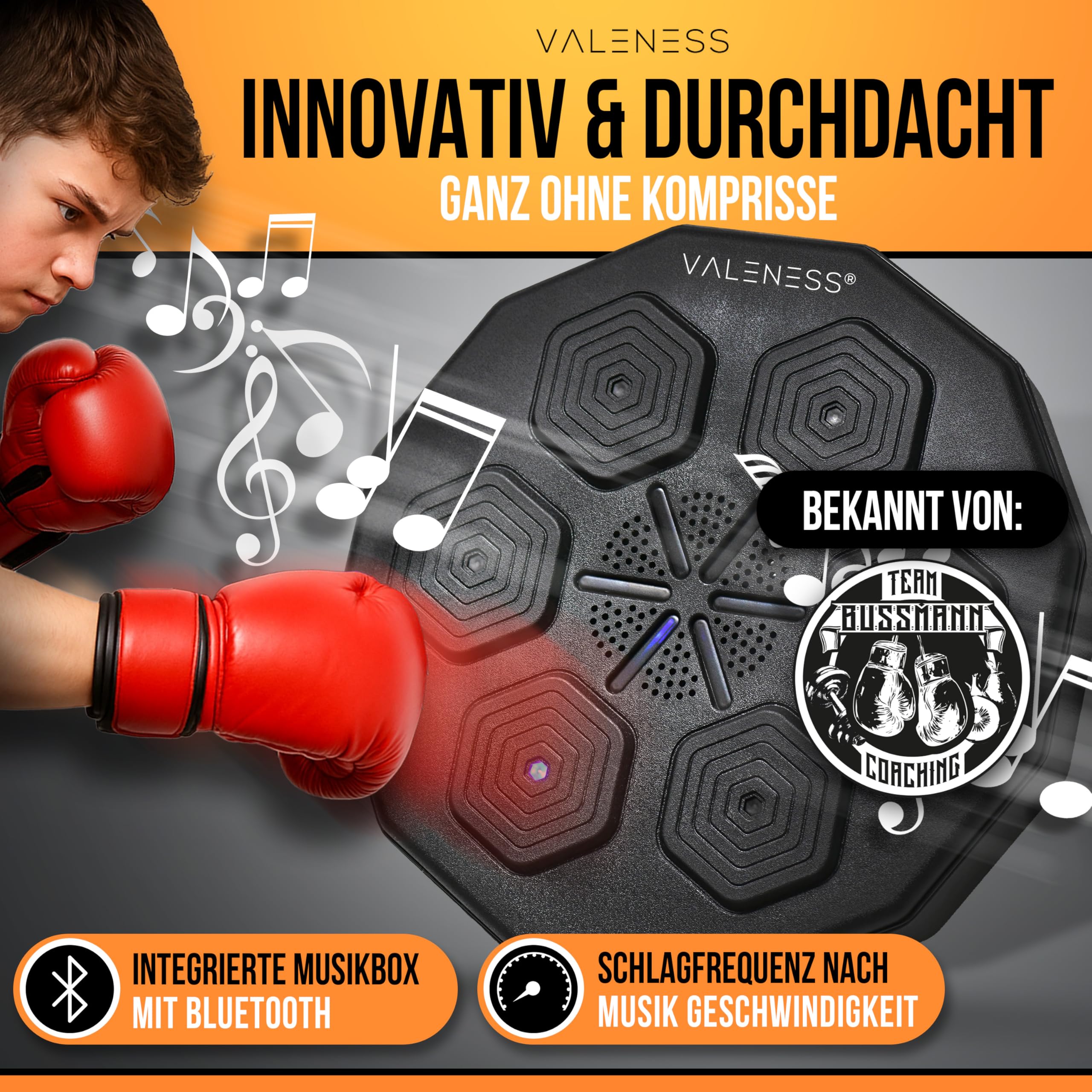 VALENESS® Musik Box Maschine – Smarte Boxing Machine mit Musik & LED – Boxmaschine mit Bluetooth, Zählfunktion & Boxhandschuhen – Wandgerät für Erwachsene & Kinder – Musik Power Boxing
