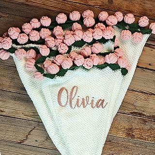 Rose Flower Blanket with Embroidered Name, Personalized Pink Crochet Bou...