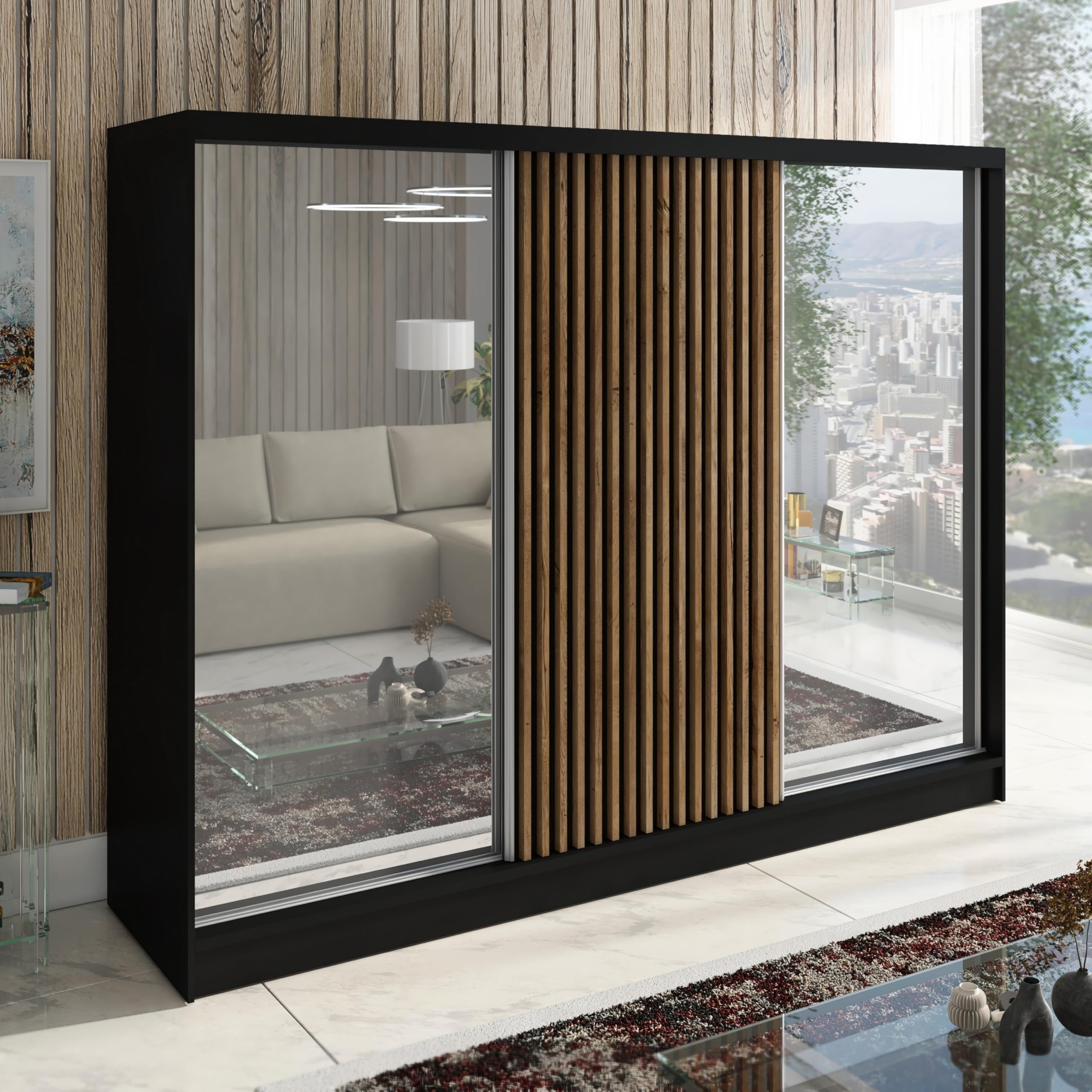 A&J MöbelLand Schwebetürenschrank Driver Kleiderschrank 3-türig 200 cm mit Spiegel, moderner Schlafzimmerschrank mit Schiebetüren (Schwarz)