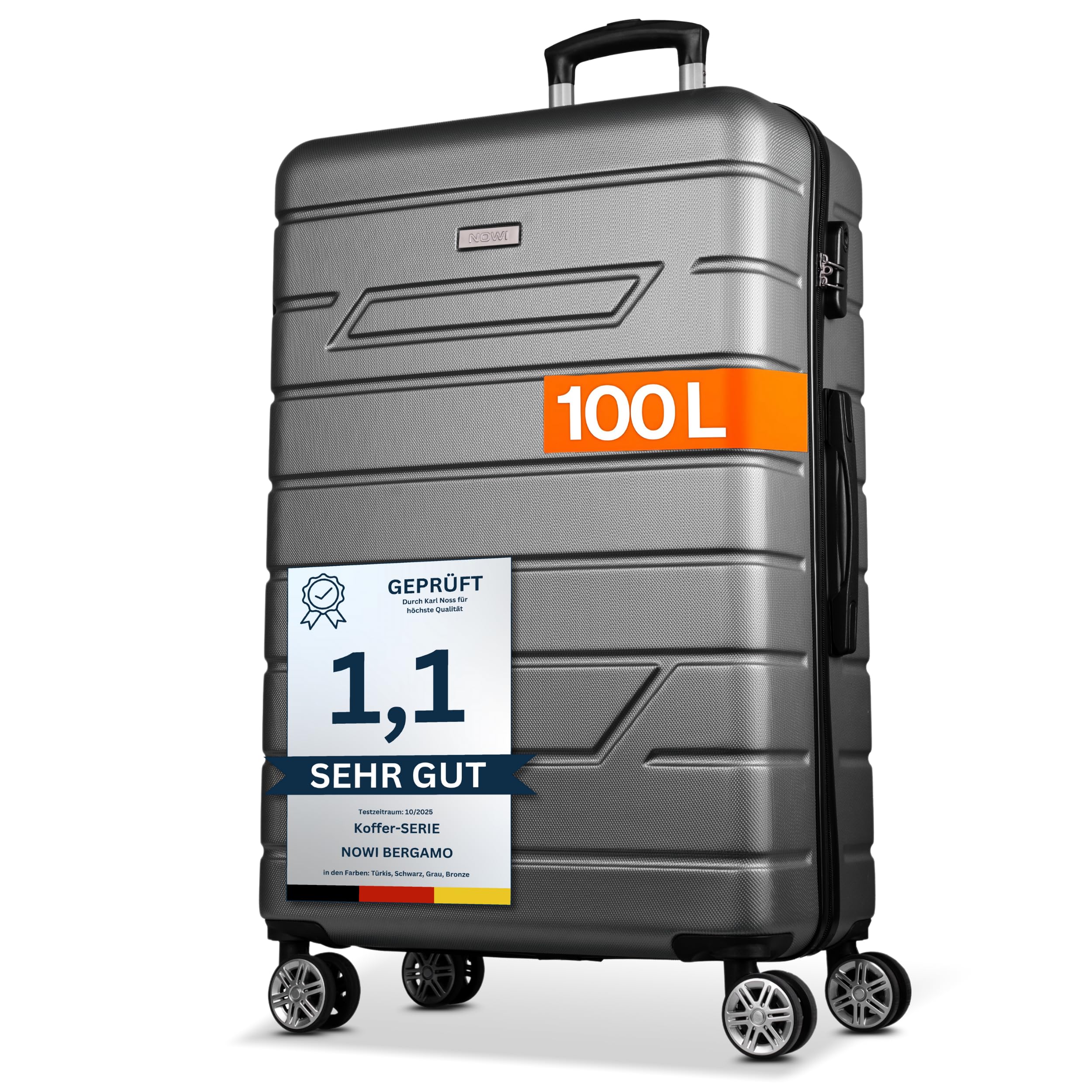 NOWI Hartschalenkoffer XL Groß - 100L Volumen - 158cm Gurtmaß - 8 Rollen 360° drehbar - Leichter Koffer mit Zahlenschloss & Teleskopgestänge - Reisekoffer mit Rollen, Trolley (anthrazit, XL)