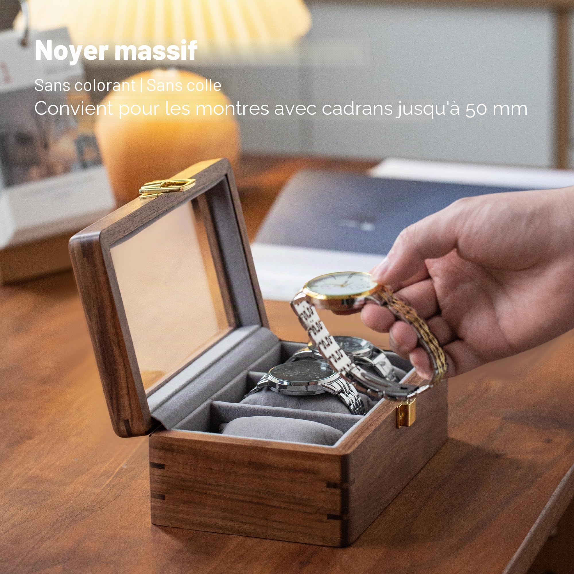 muso wood Boîte à montres en bois de noyer massif d'Amérique du Nord de luxe avec fenêtre en verre et fermeture en métal pour 3 montres 20 x 12 x 9 cm, SN109-D