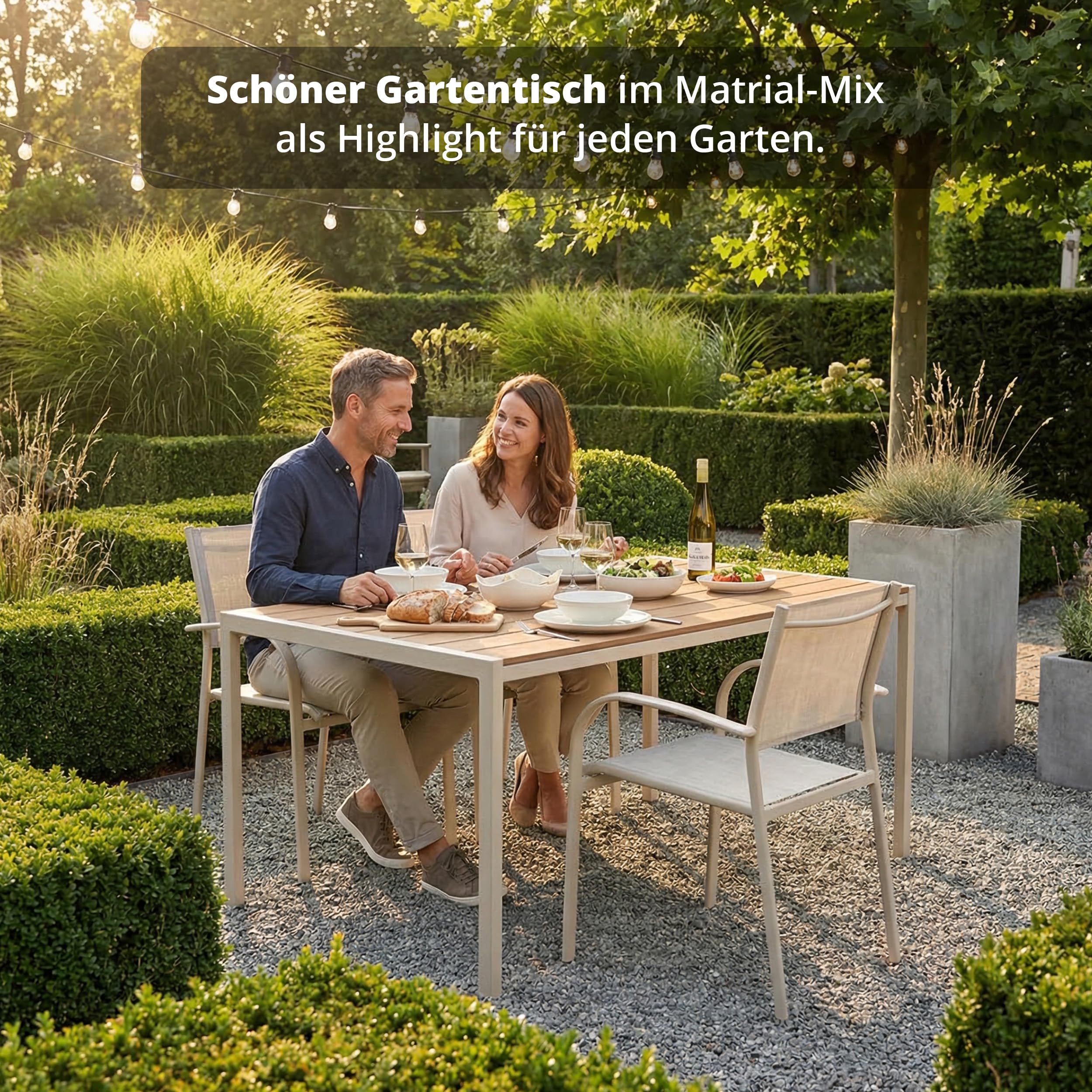 KHG Gartentisch beige, Esstisch Stahl-Gestell und Tischplatte Polywood | in Teak-Optik für 6 Personen, wetterfest UV-beständig, 83x75x140 cm, für Wohnraum und Alltag, praktisch für Zuhause