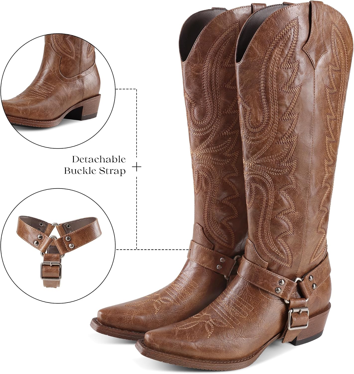 Women's Cowboy Boots with Detachable Buckle Strap Knee High Cowgirl Boots Embroidered Square Toe Chunky Low Heel Pull On Western Tall Boots for Rodeos Party Concert