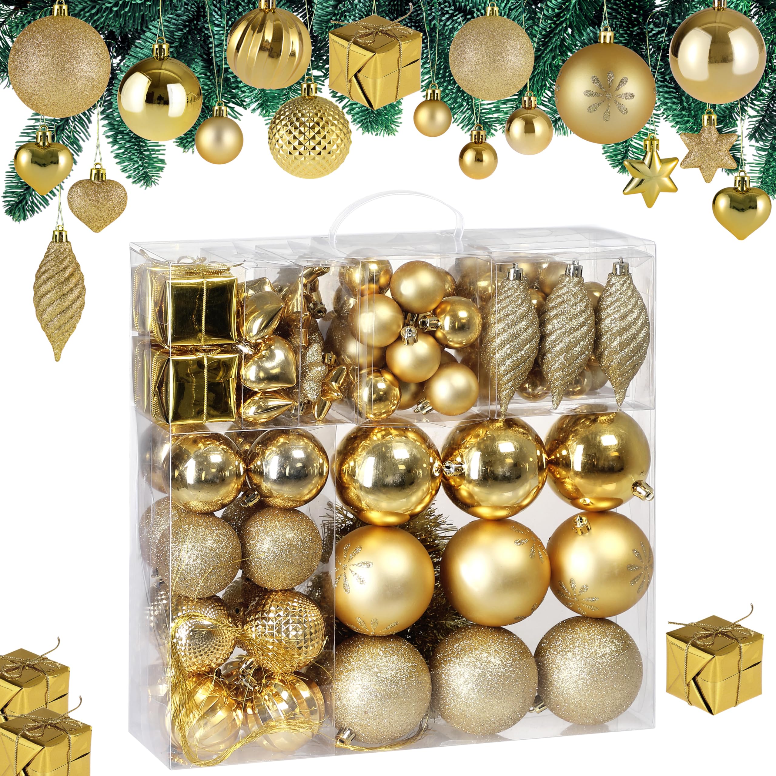 Deuba® Bolas Adornos para Árbol de Navidad Set Completo 103Pzs. Decoración Navideña Colgante Dorado