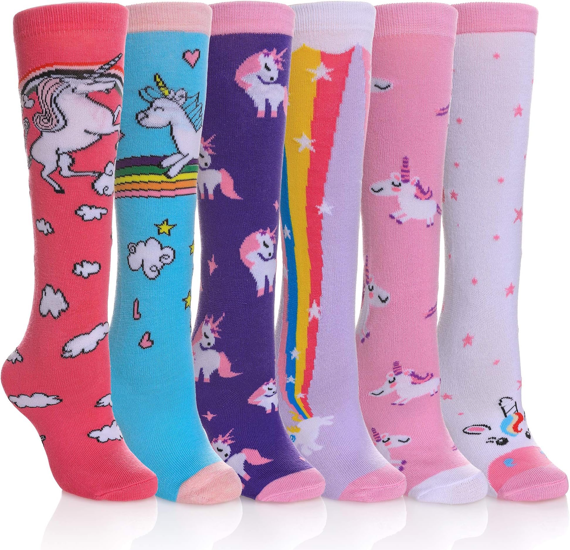 FNOVCO Girls Knee High Socks Kids Crazy Fun Gift Cute Animal Patterns Cotton Long Socks 6 Pairs