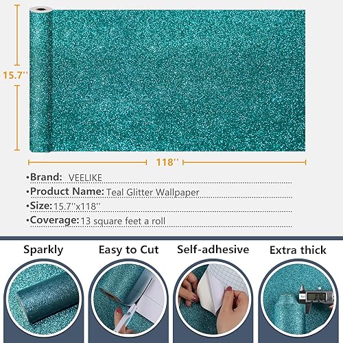 Miniatura 8 de VEELIKE Papel tapiz de 15.7 x 118 pulgadas con purpurina verde azulado para pegar y despegar, papel de contacto autoadhesivo con purpurina verde