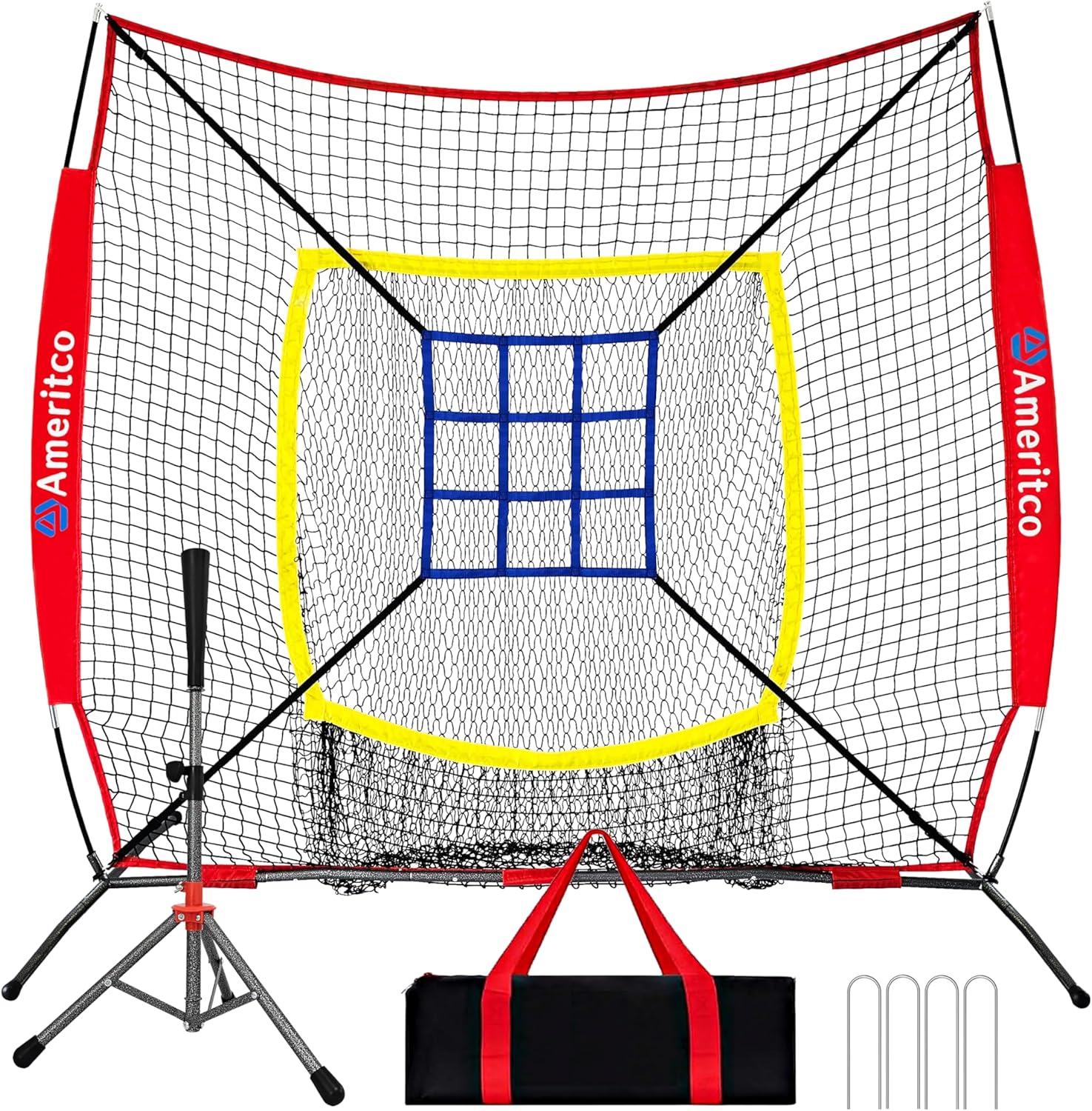 Ameritco 7x7ft Baseball Practice Net with Tee & Target - Durable Hitting Batting Pitching Net, Scratch-Resistant Base, Indoor/Outdoor for All Ages