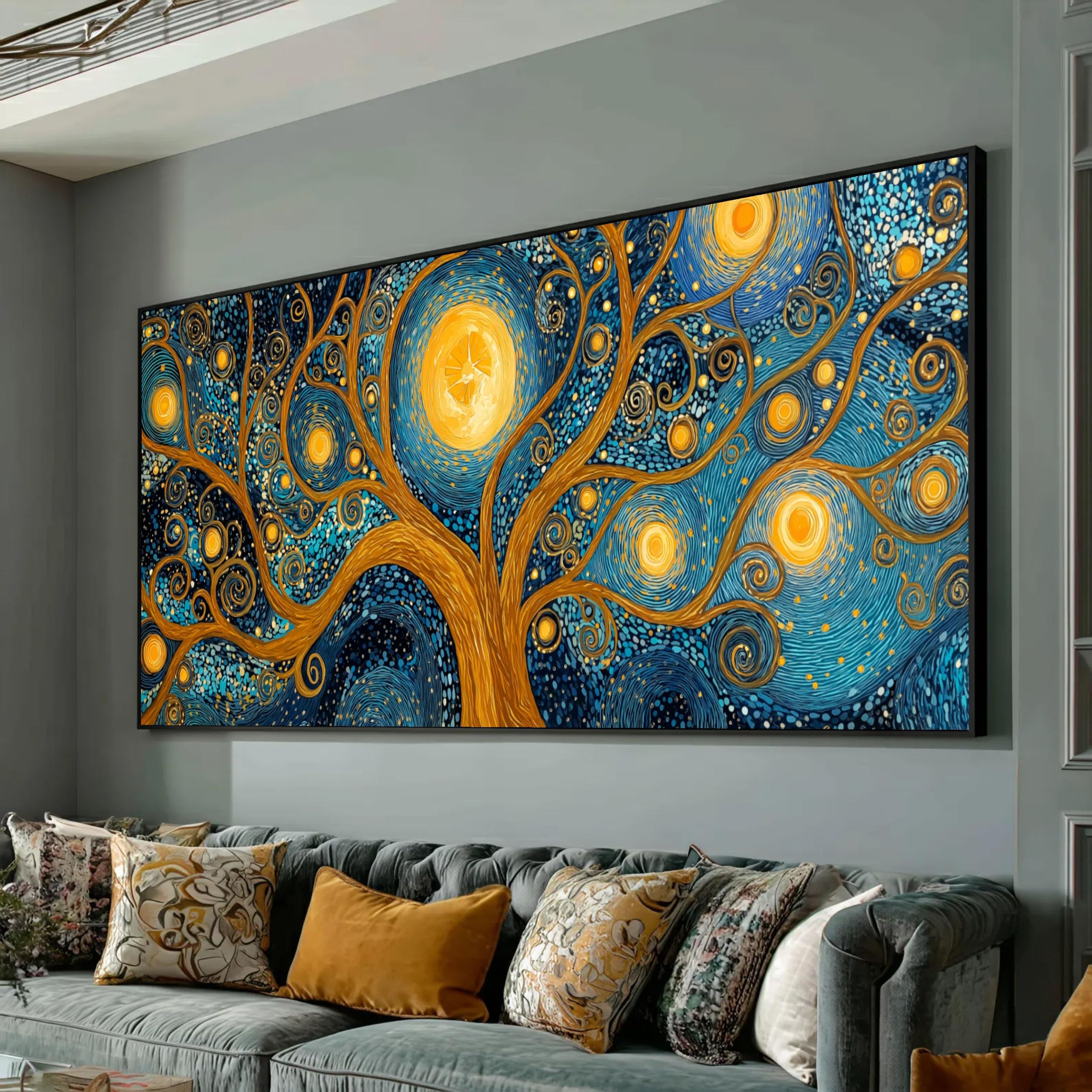 TONGYINLI Tree of Life Canvas Oil Painting, Abstract Starry Wall Art, Gold and Blue Artwork, Ready to Hang Home Decor(60x105cm/Internal Frame)